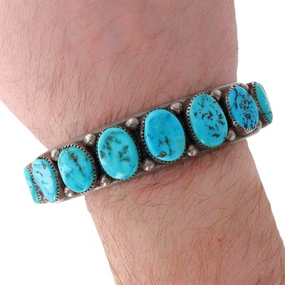 Vintage Navajo Sterling Turquoise Row Cuff Bracelet. Big, Heavy Vintage Navajo Sterling 