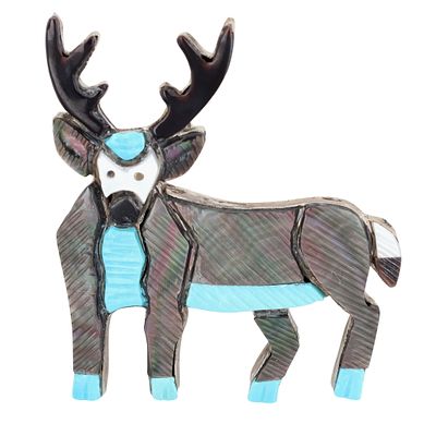 Stephen Lonjose Zuni Sterling Carved Multistone Inlay Deer Pendant Brooch / 7.2g / Turquoise 