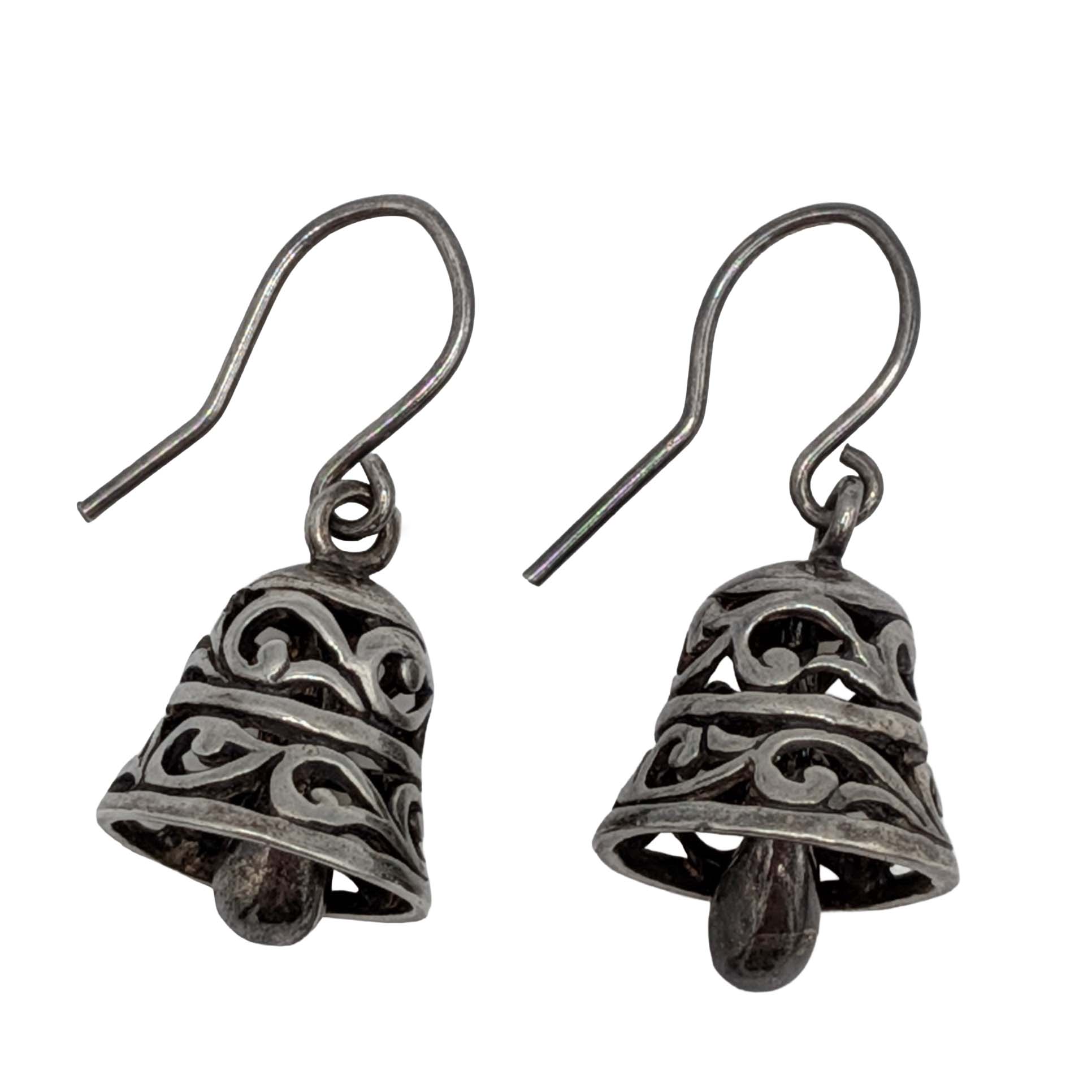Signed Sterling Silver Bell Dangle Earrings