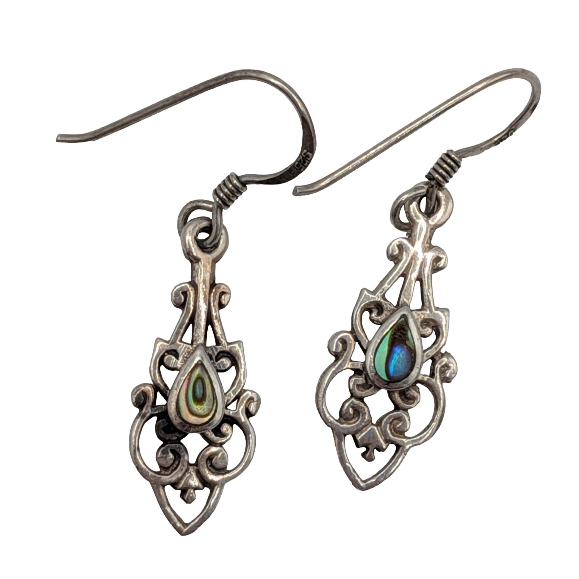 Signed Sterling Silver Abalone Hook Earrings
