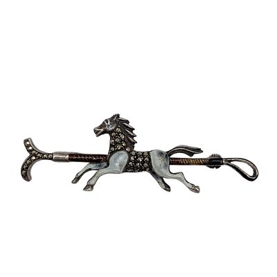 Sterling Silver Enamel Marcasite Horse & Crop Stock Pin Bar Brooch. Sterling Silver Marcasite 