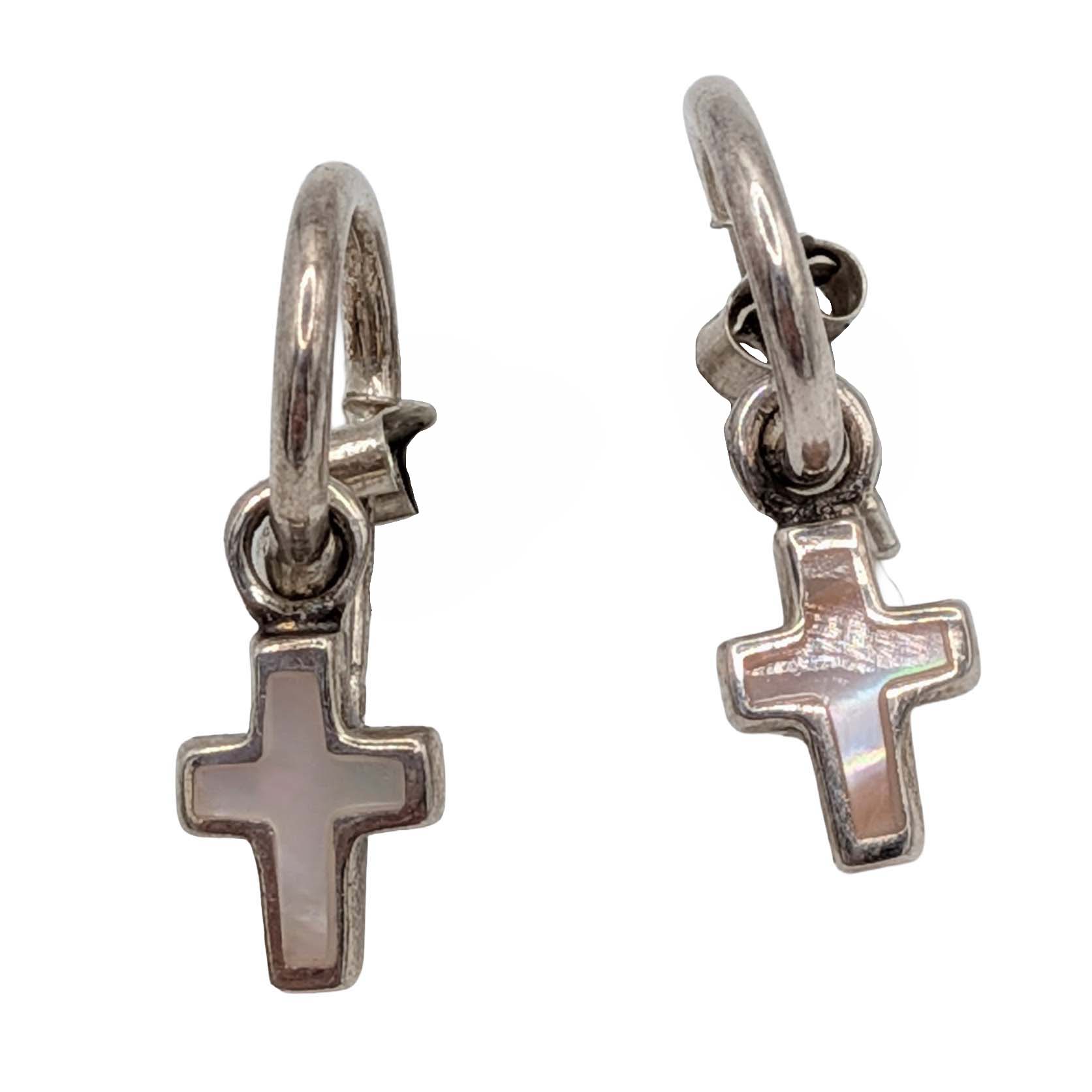 Signed Sterling Silver Mother Of Pearl Cross Dangle Earrings