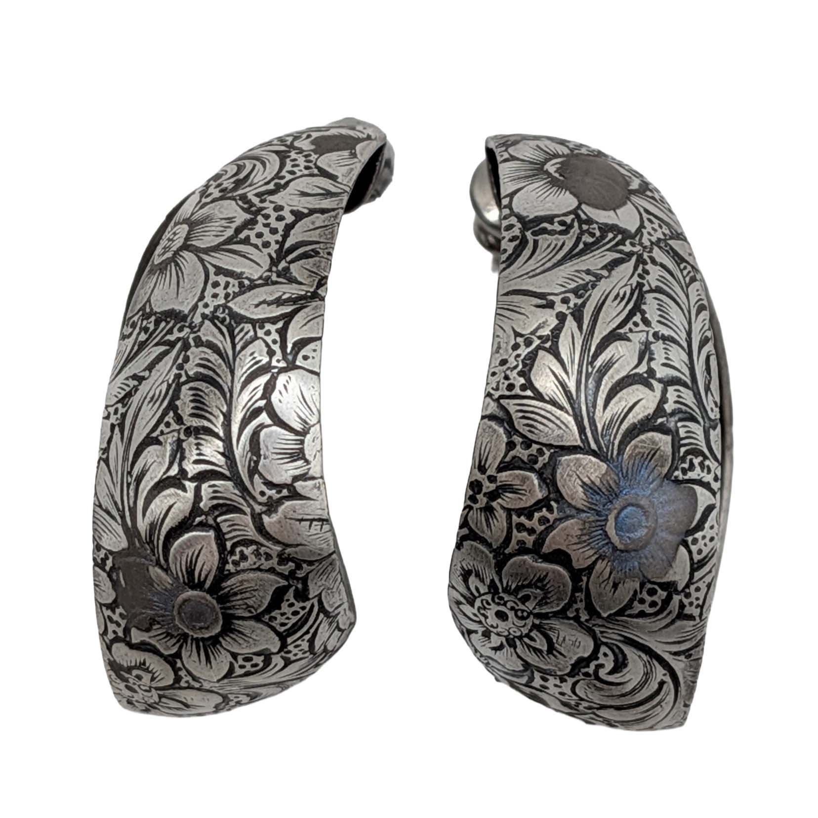 Sterling Etched Design Curved Hoop Earrings