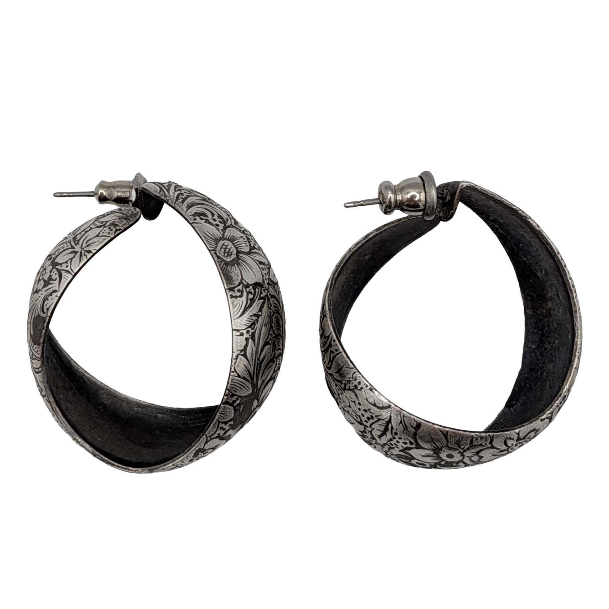 Sterling Etched Design Curved Hoop Earrings
