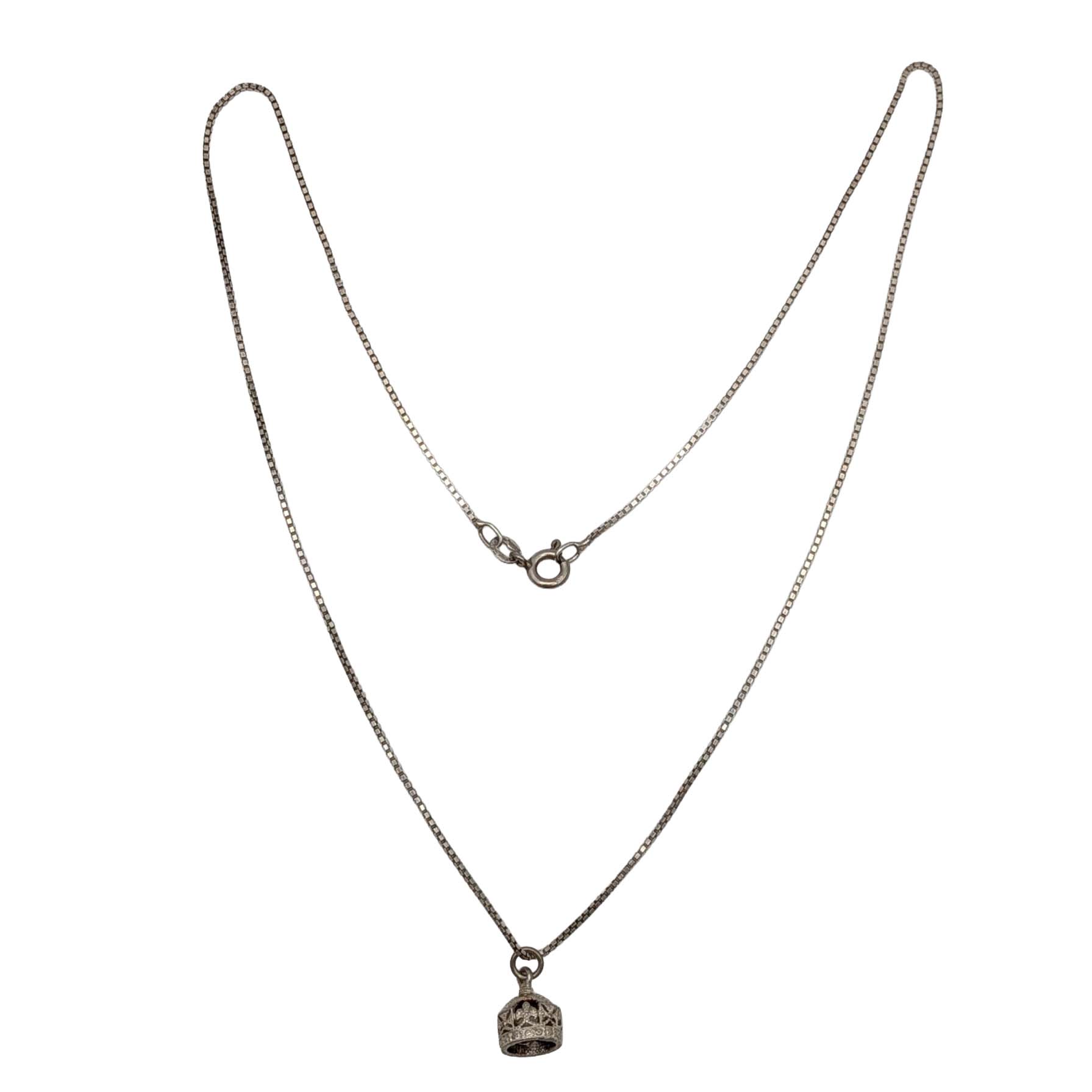 Italian Signed Sterling Silver Crown Pendant Box Chain Necklace