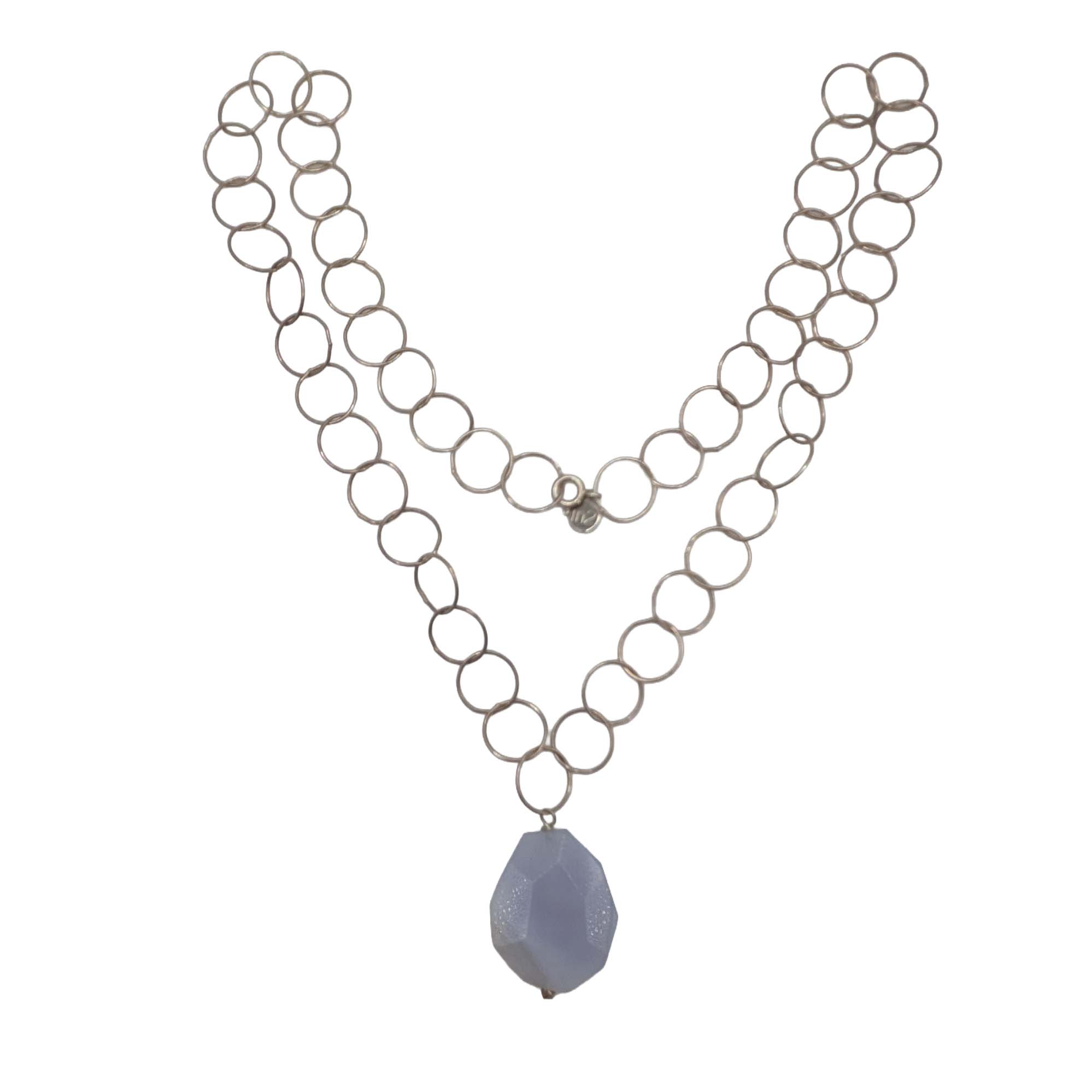 Signed Sterling Silver Blue Stone Pendant Circle Chain Necklace