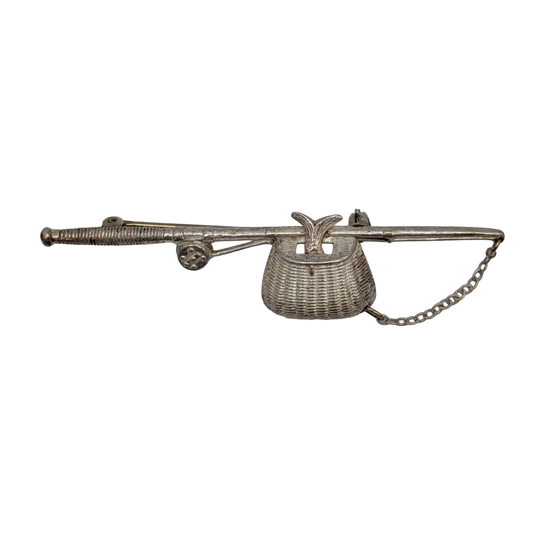 Beau Sterling Silver Fishing Rod & Basket Brooch
