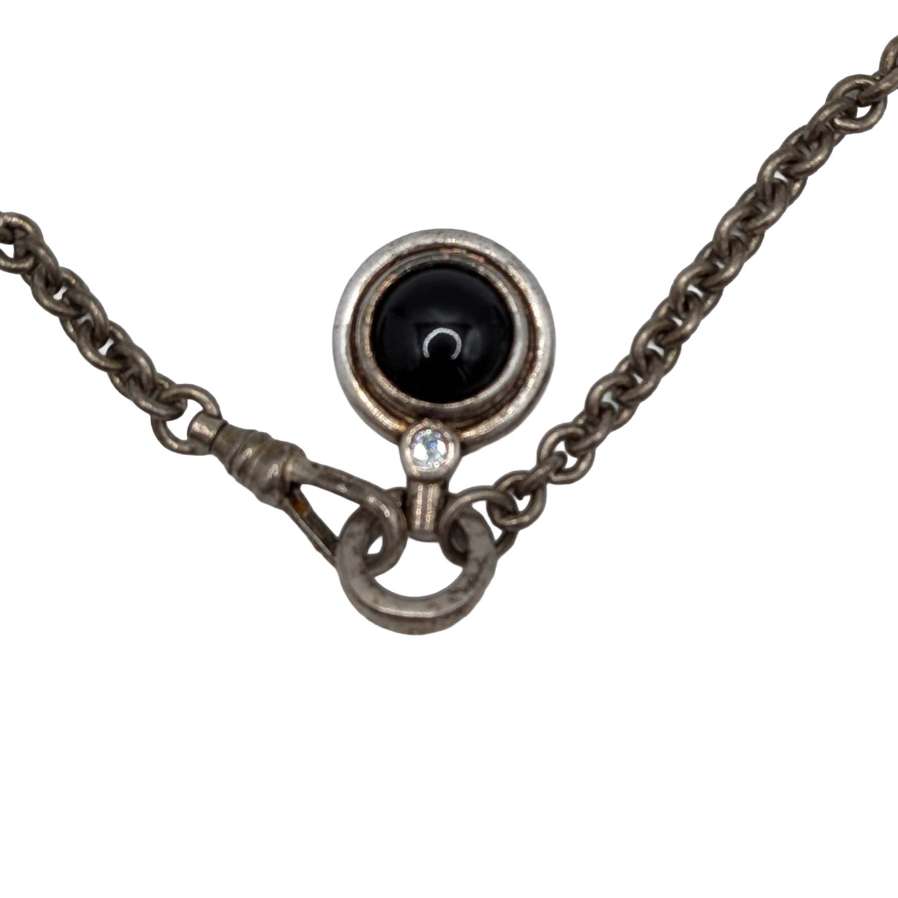 Signed Sterling Silver Rhinestone Black Onyx Rolo Chain Necklace