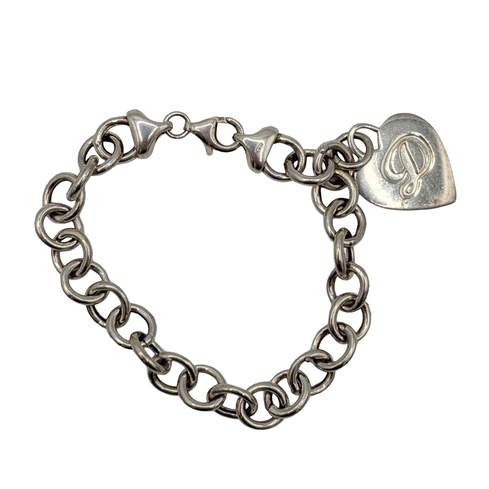 Italian Signed Sterling Silver Heart Pendant Rolo Bracelet