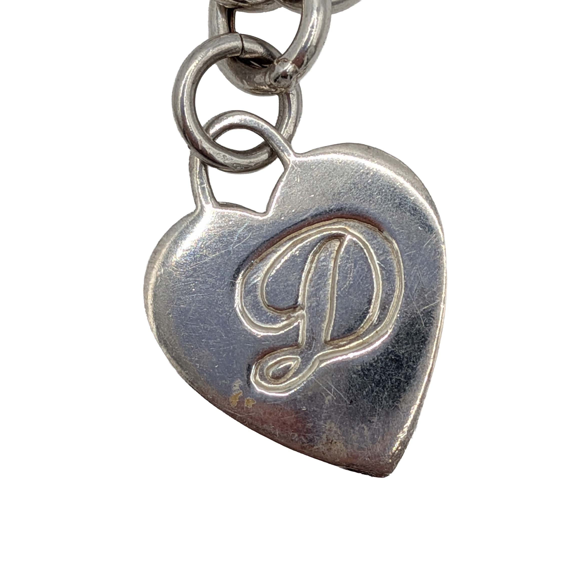 Italian Signed Sterling Silver Heart Pendant Rolo Bracelet
