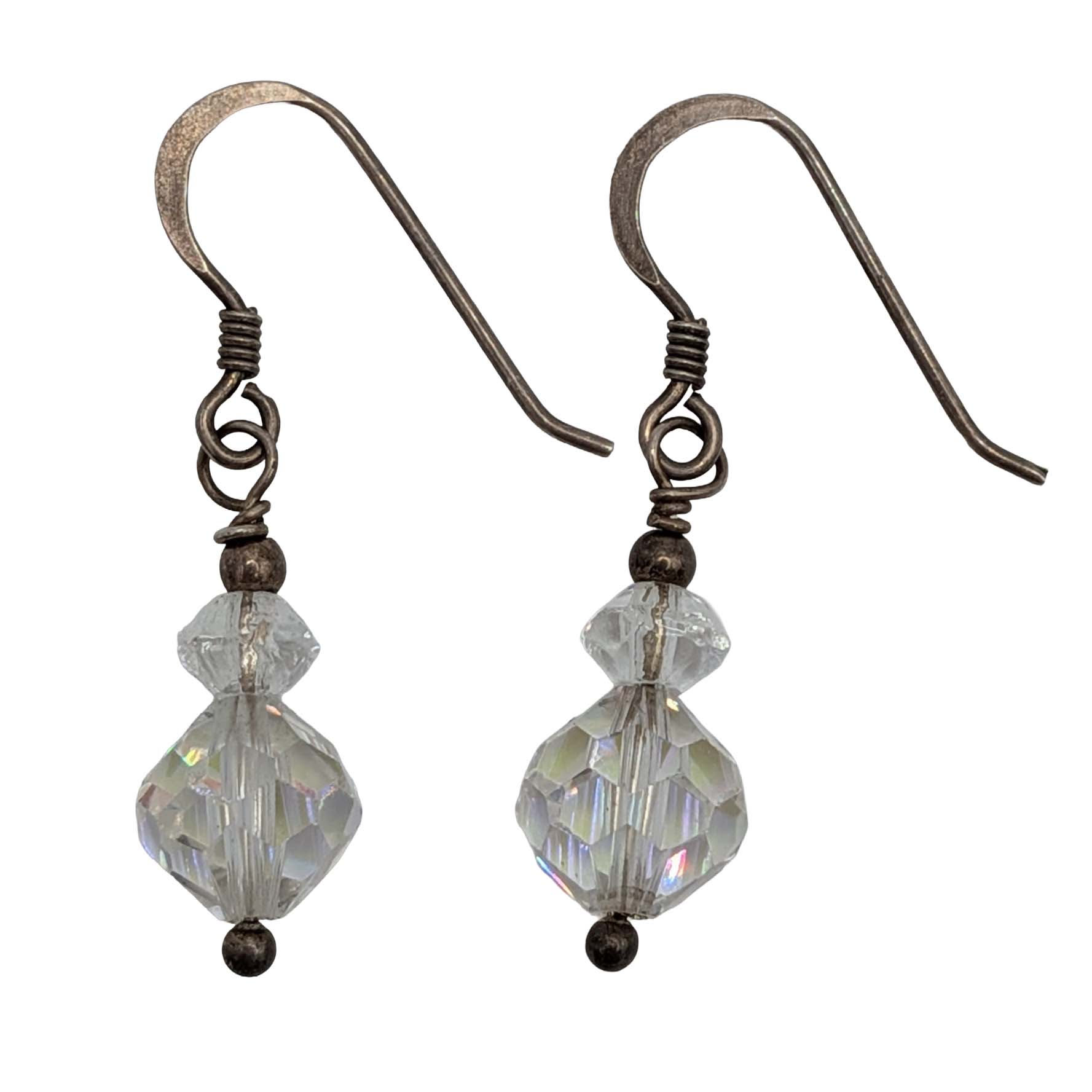 Signed Sterling Silver Clear Beads Dangle Earrings