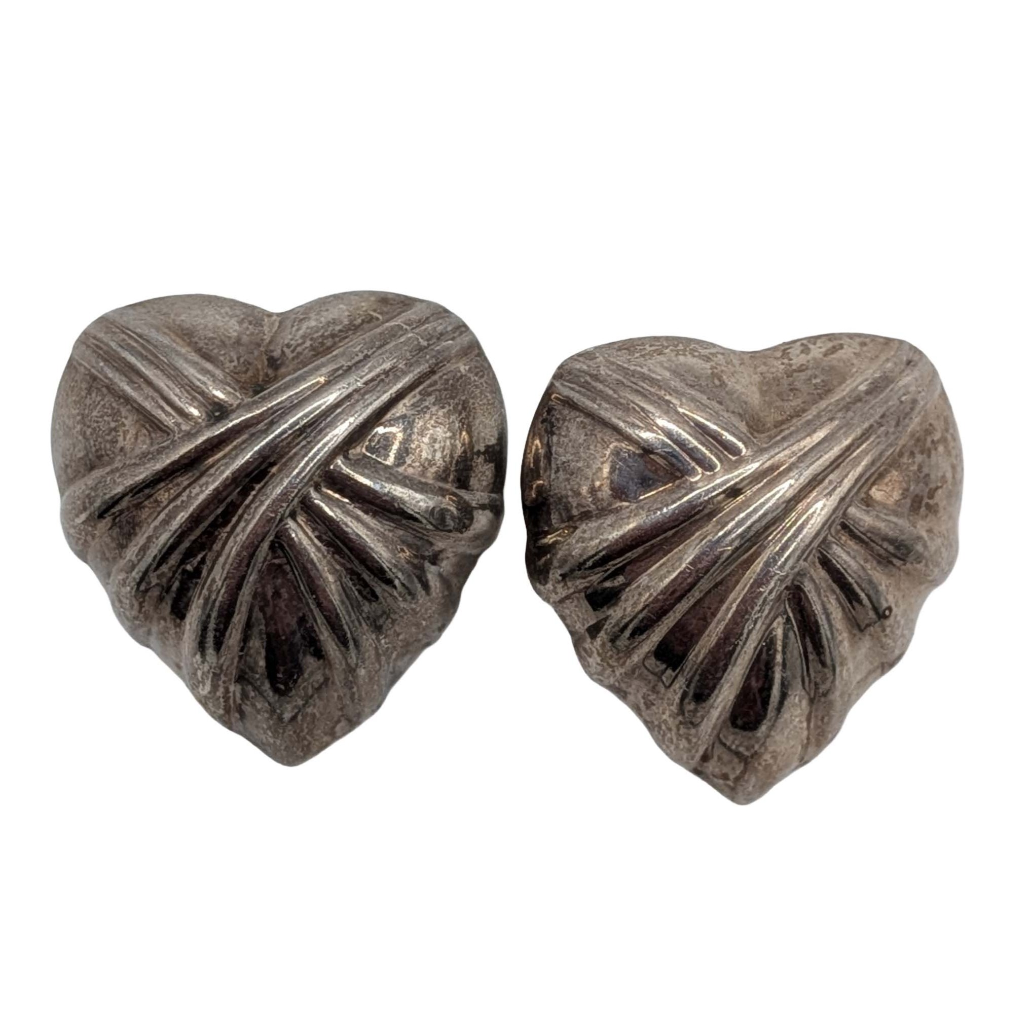 Signed Sterling Silver Crossover Heart Stud Earrings
