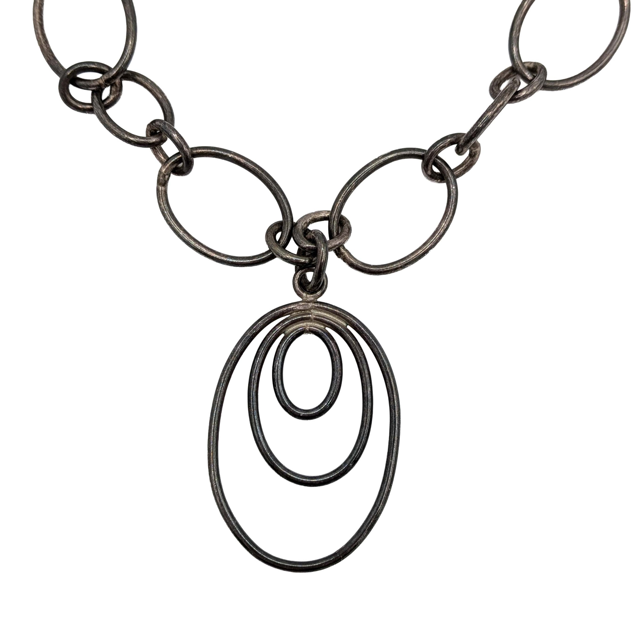 Sterling Silver Oval Chain Necklace Triple Oval Pendant