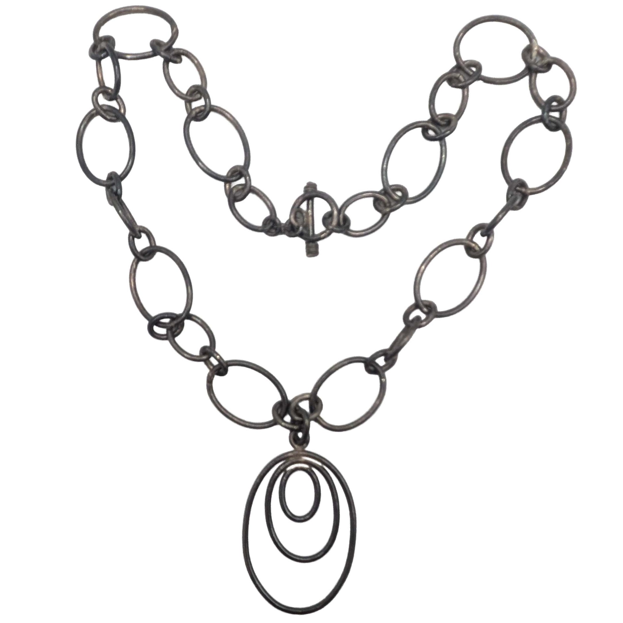 Sterling Silver Oval Chain Necklace Triple Oval Pendant