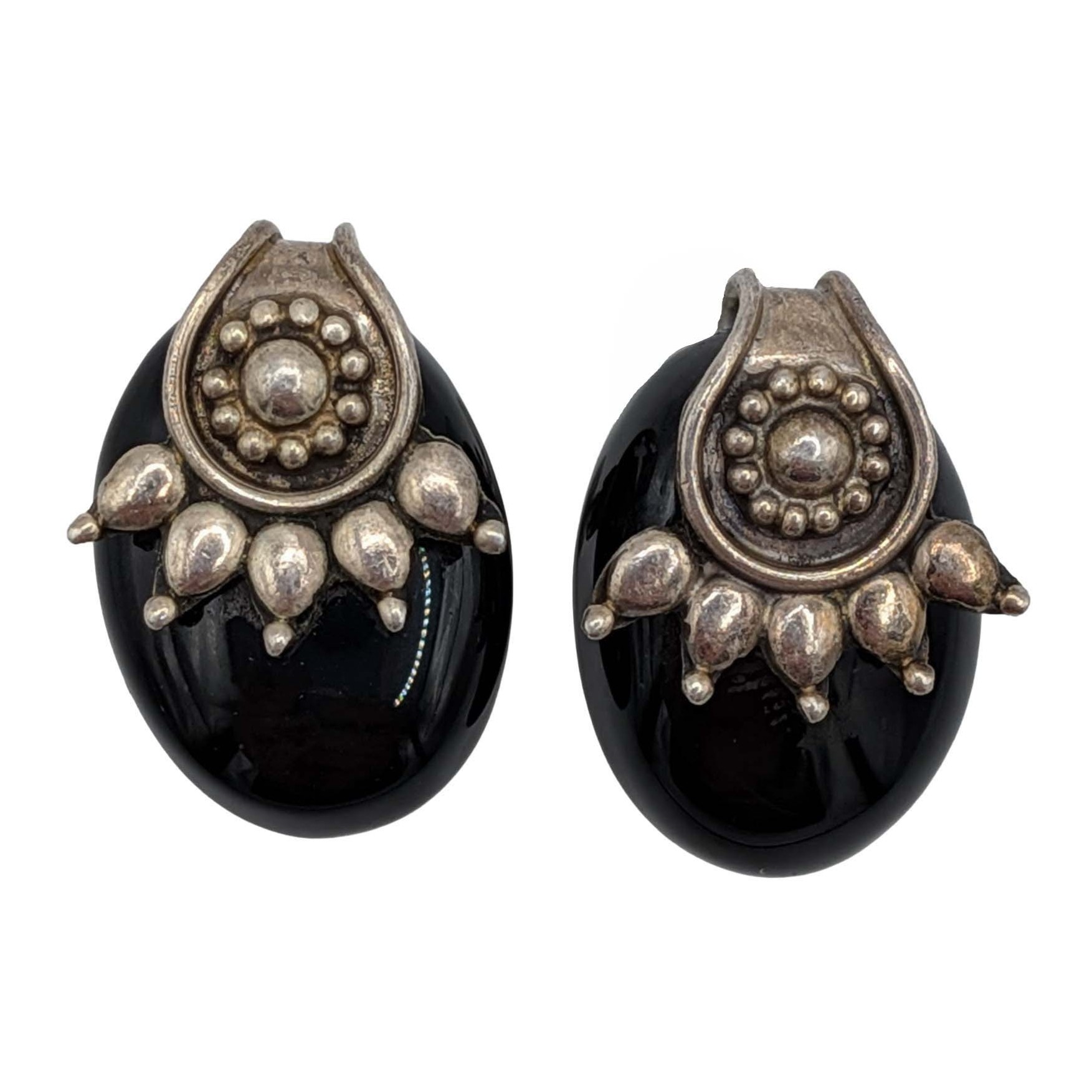 Signed Sterling Silver Decorative Black Onyx Stud Earrings