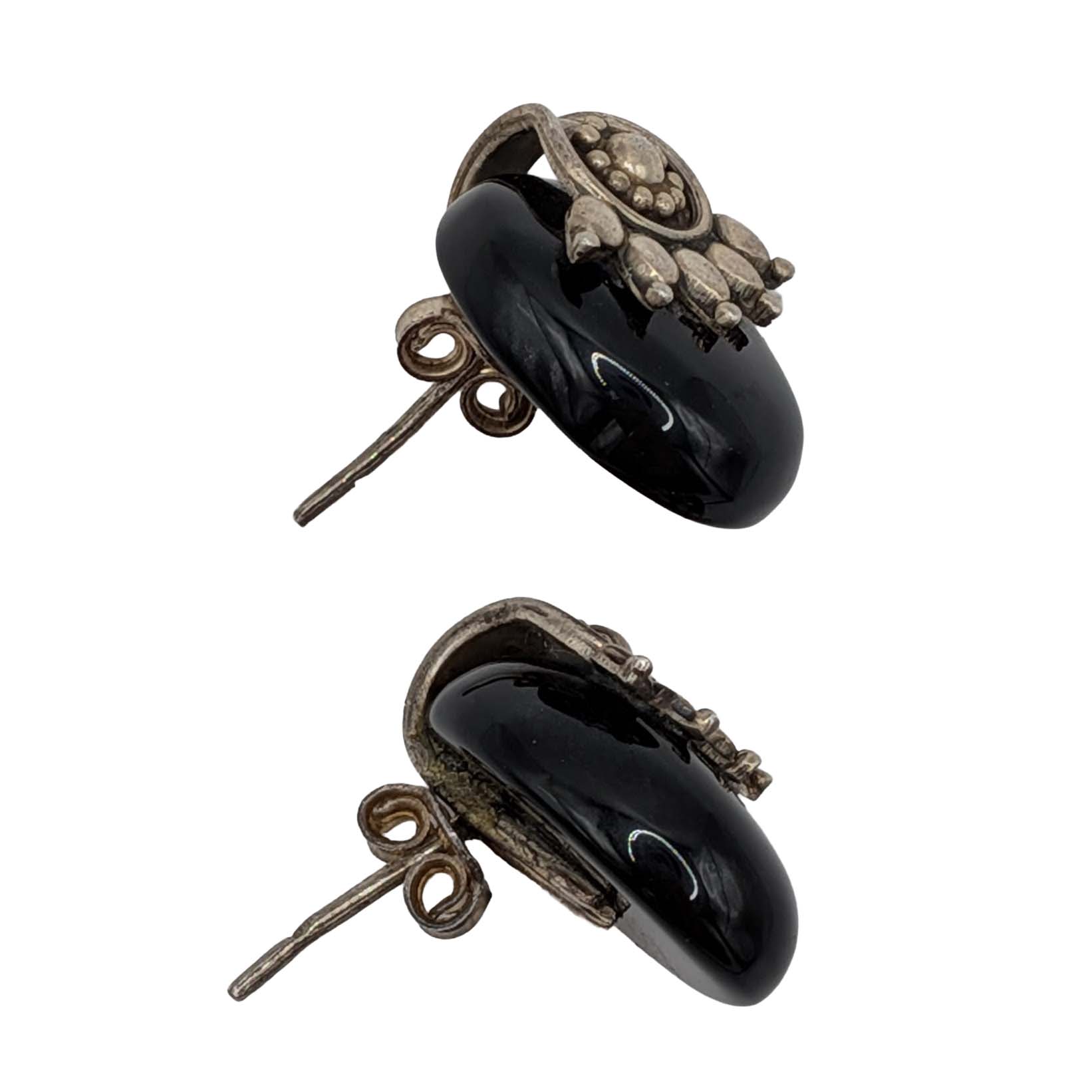 Signed Sterling Silver Decorative Black Onyx Stud Earrings
