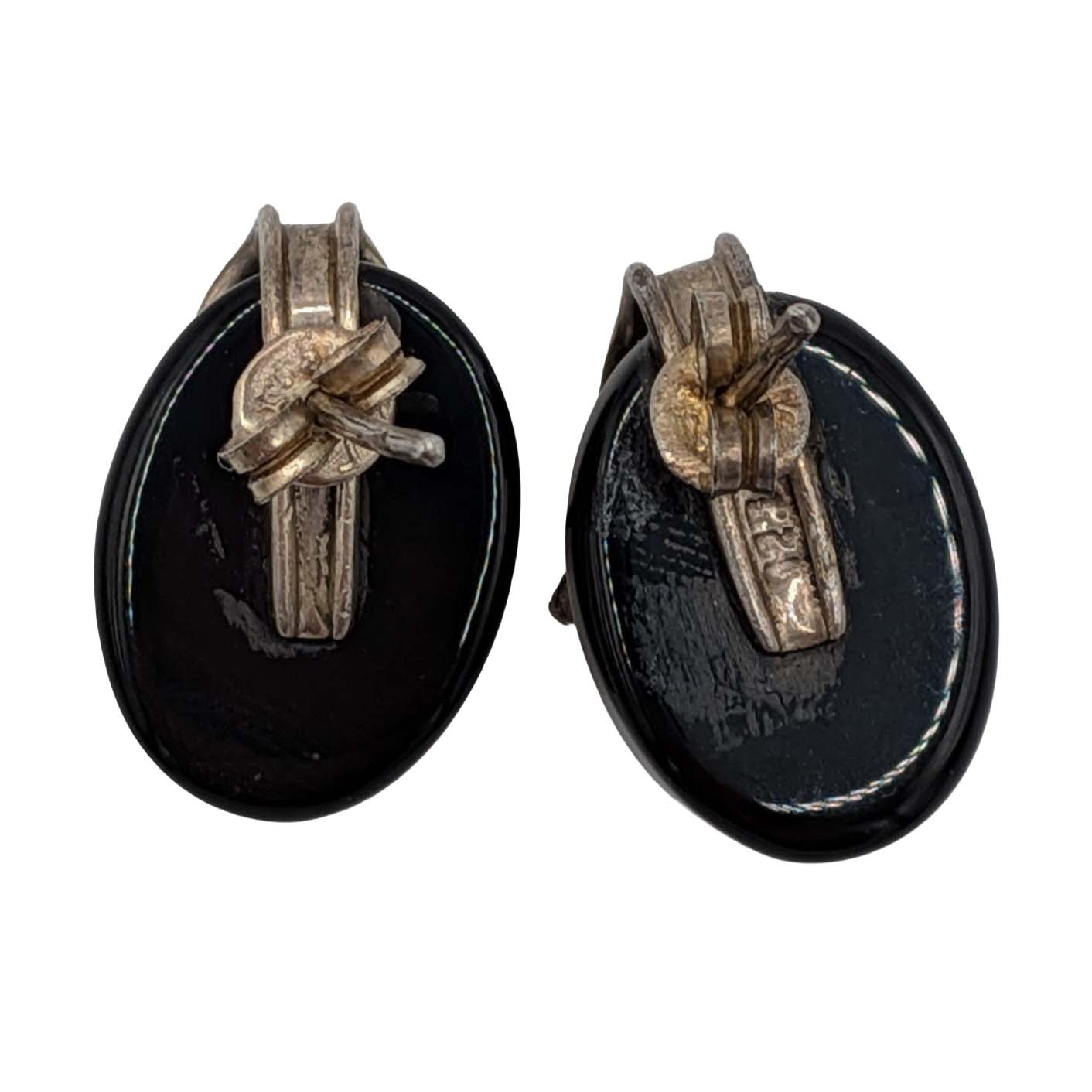 Signed Sterling Silver Decorative Black Onyx Stud Earrings