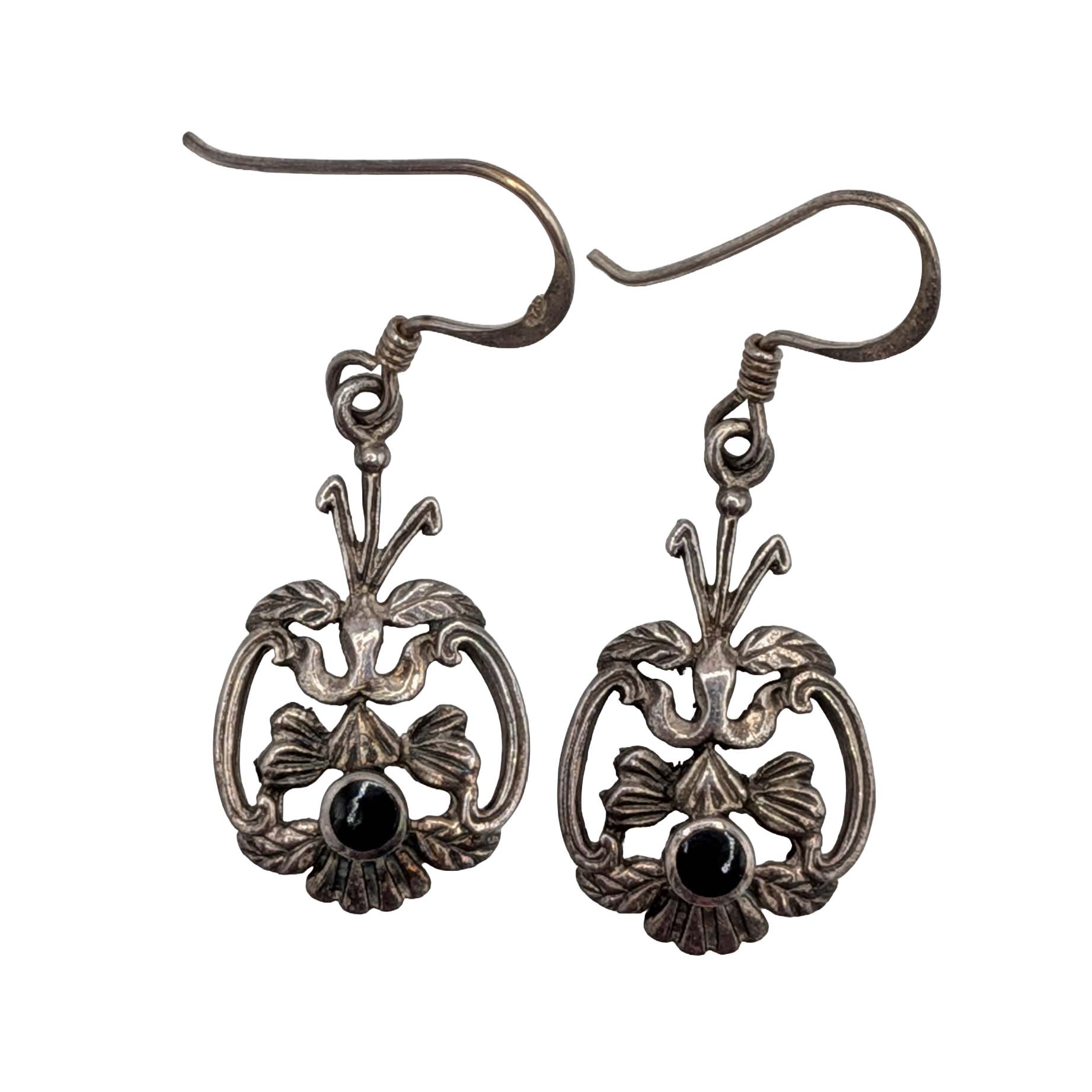 Signed Sterling Silver Black Floral Scrollwork Dangle Earrings