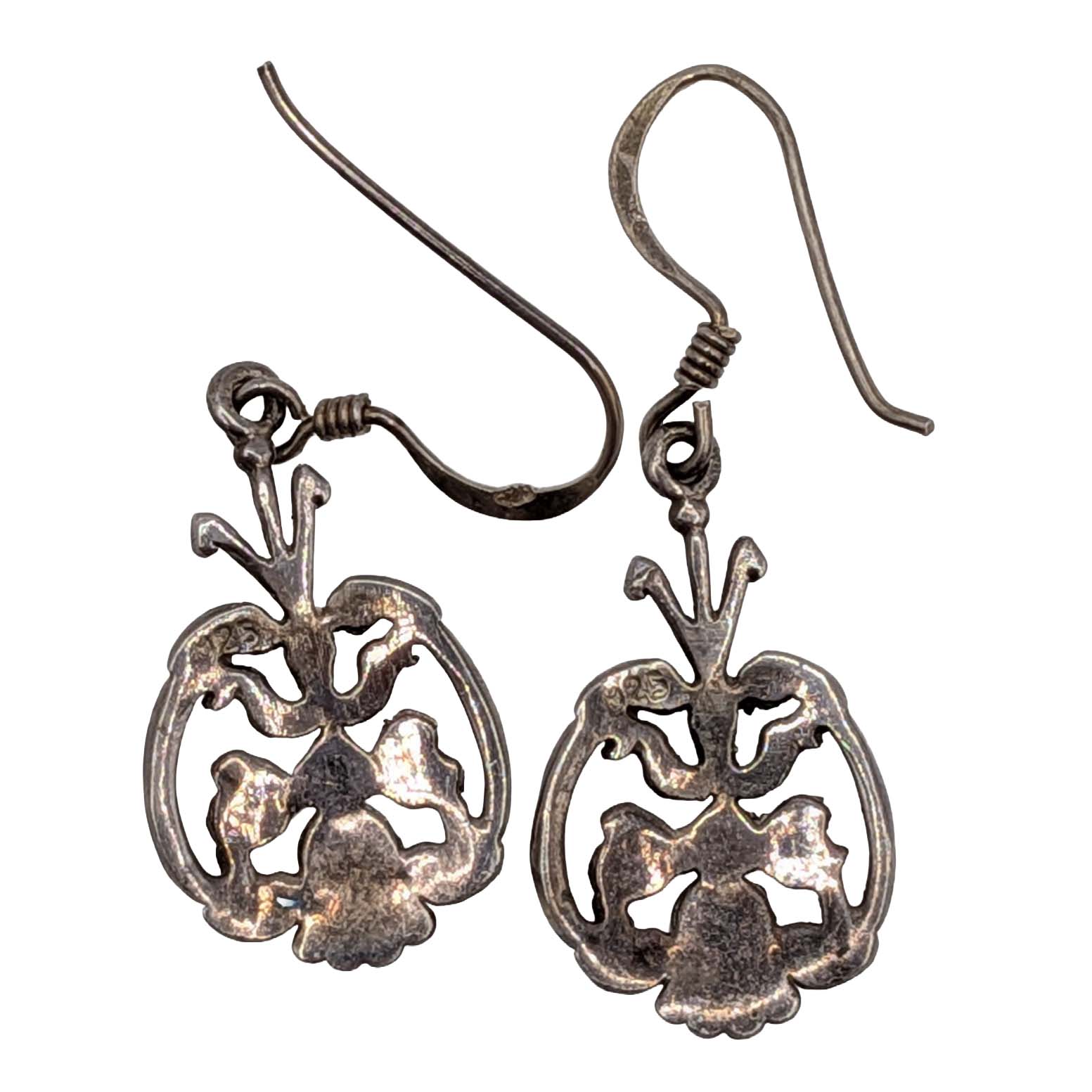 Signed Sterling Silver Black Floral Scrollwork Dangle Earrings