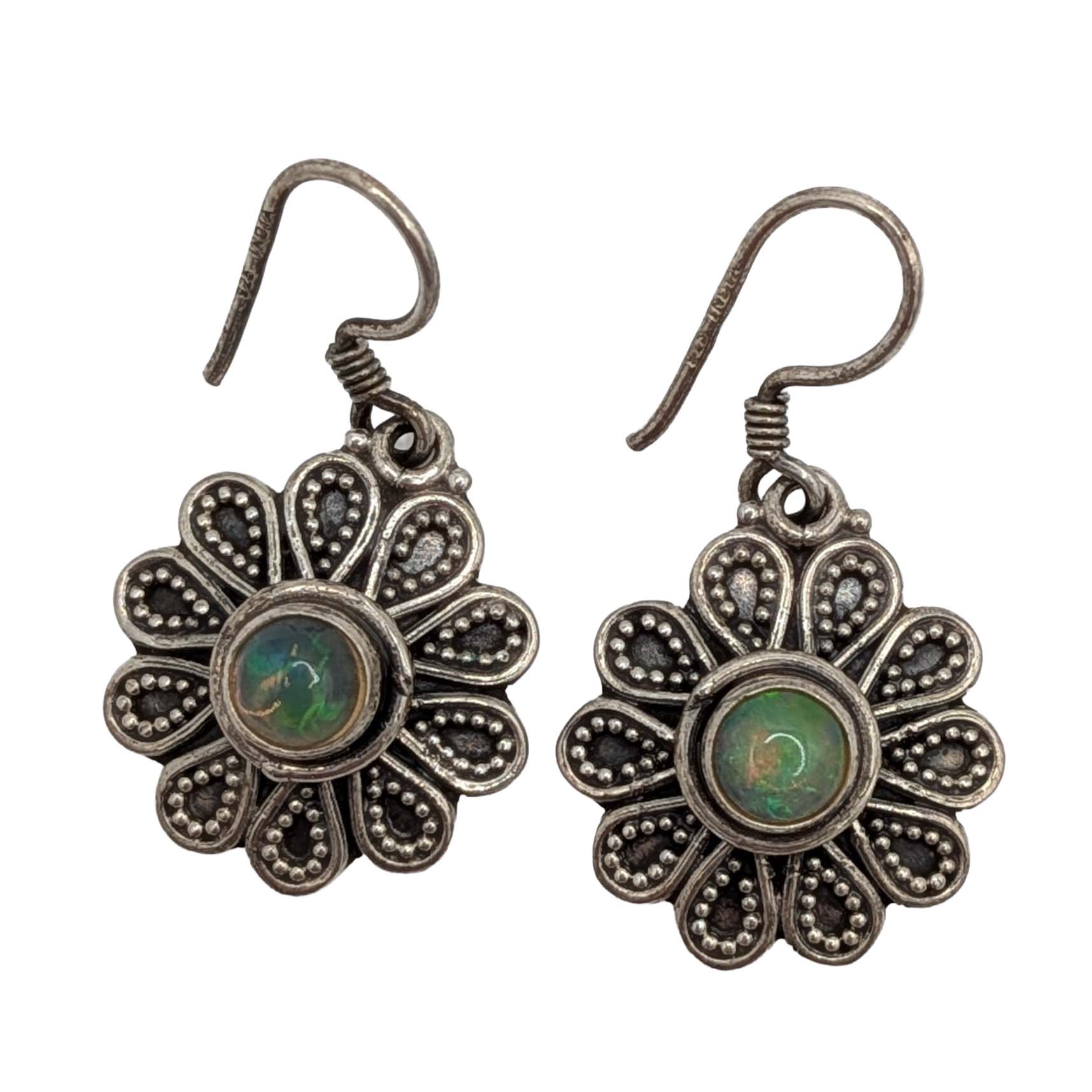 Signed Sterling Silver Opal Flower Hook Earrings