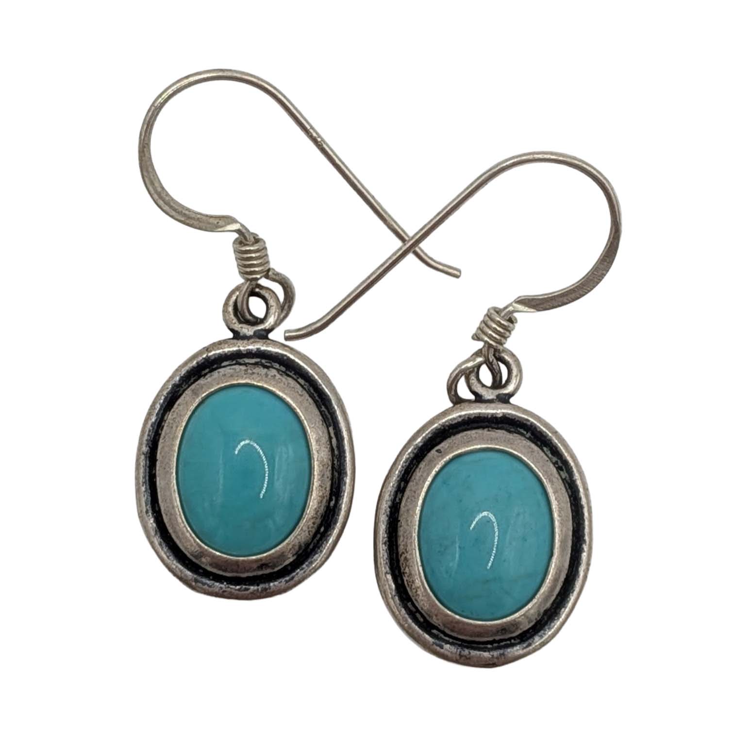 Signed Sterling Silver Turquoise Oval Hook Earrings