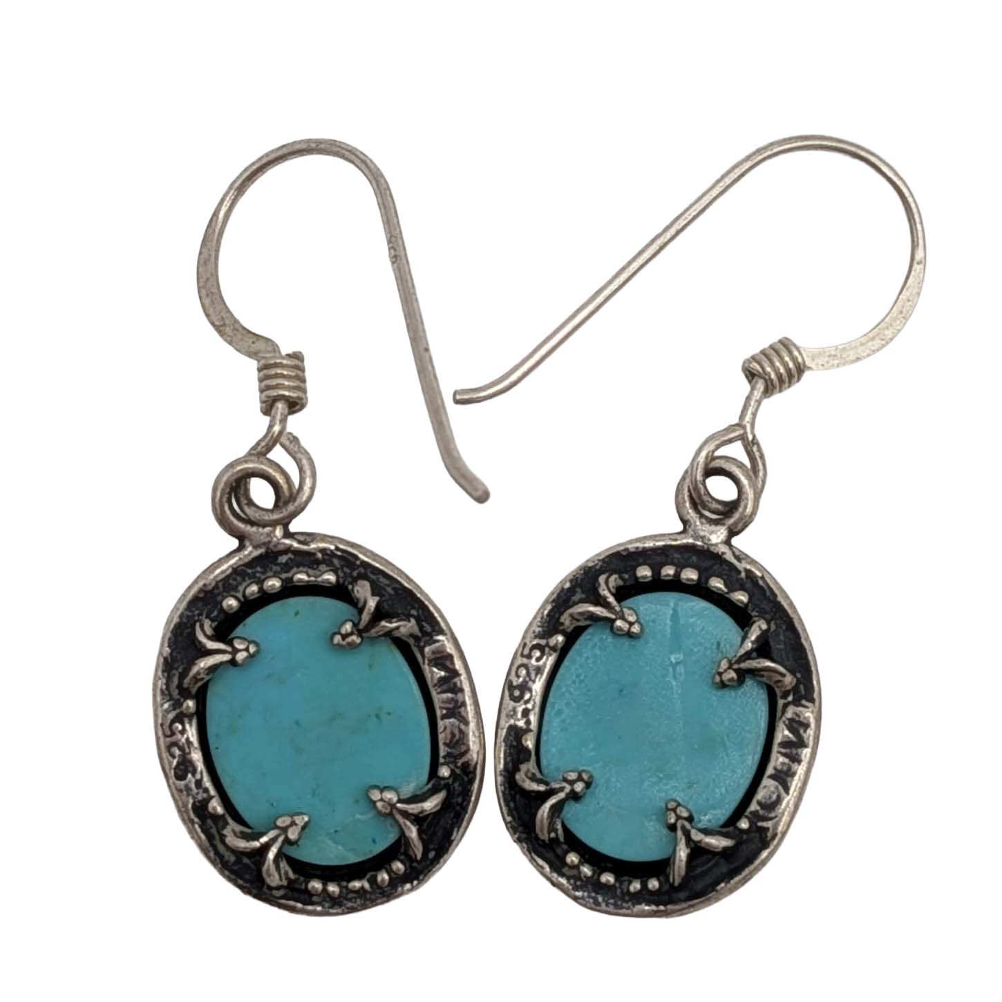 Signed Sterling Silver Turquoise Oval Hook Earrings