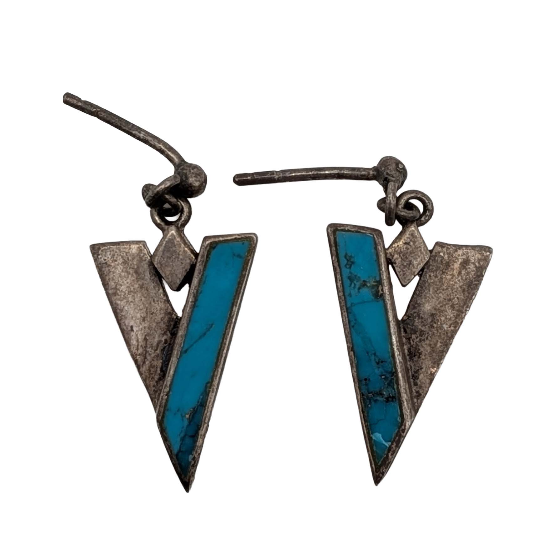 Signed Sterling Silver Turquoise "V" Shape Dangle Earrings