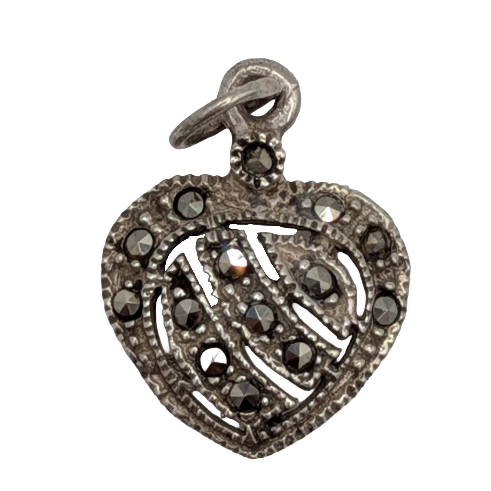 Signed Sterling Silver Marcasite Filigree Heart Charm