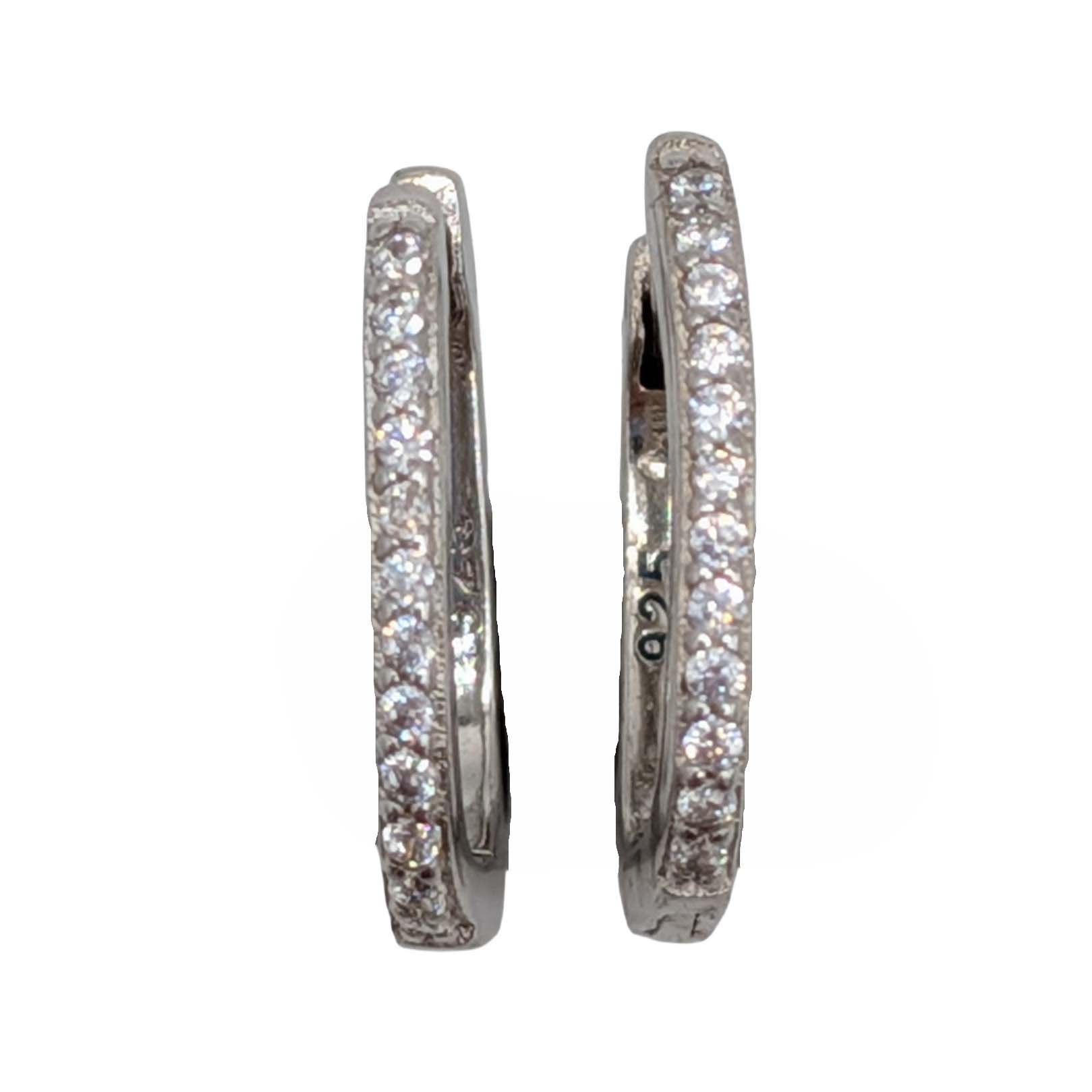 Signed Sterling Silver Rhinestone Oval Hoop Earrings