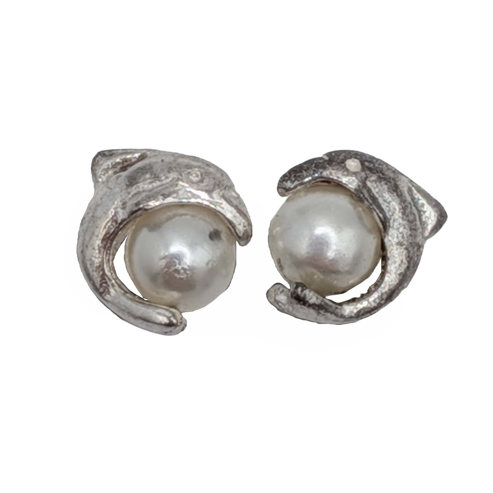Sterling Silver Faux Pearl Dolphin Stud Earrings