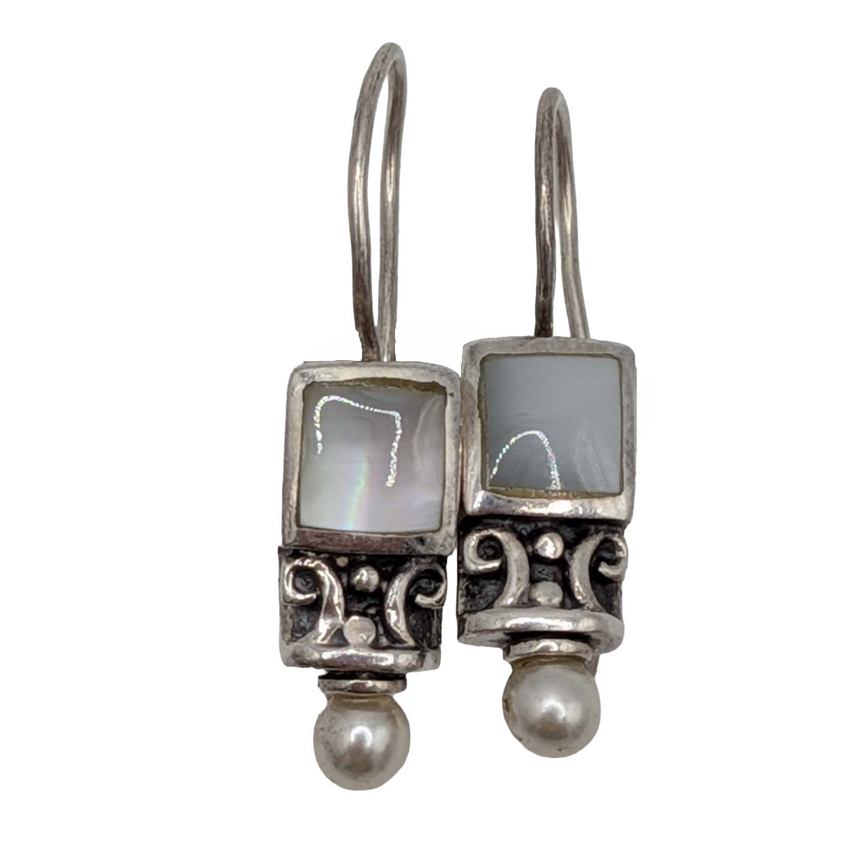 Signed Sterling Silver Milky Glass Square Faux Pearl Hook Earrings