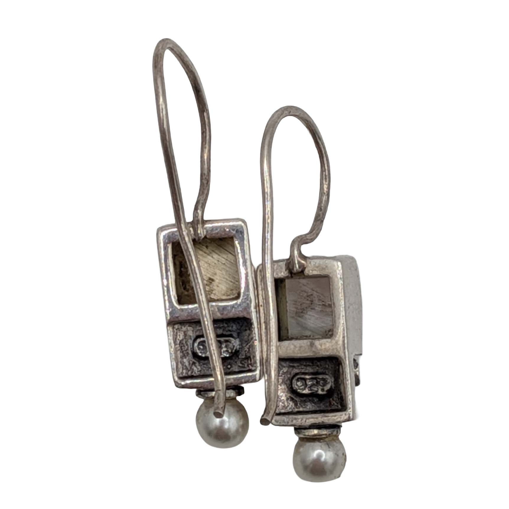 Signed Sterling Silver Milky Glass Square Faux Pearl Hook Earrings