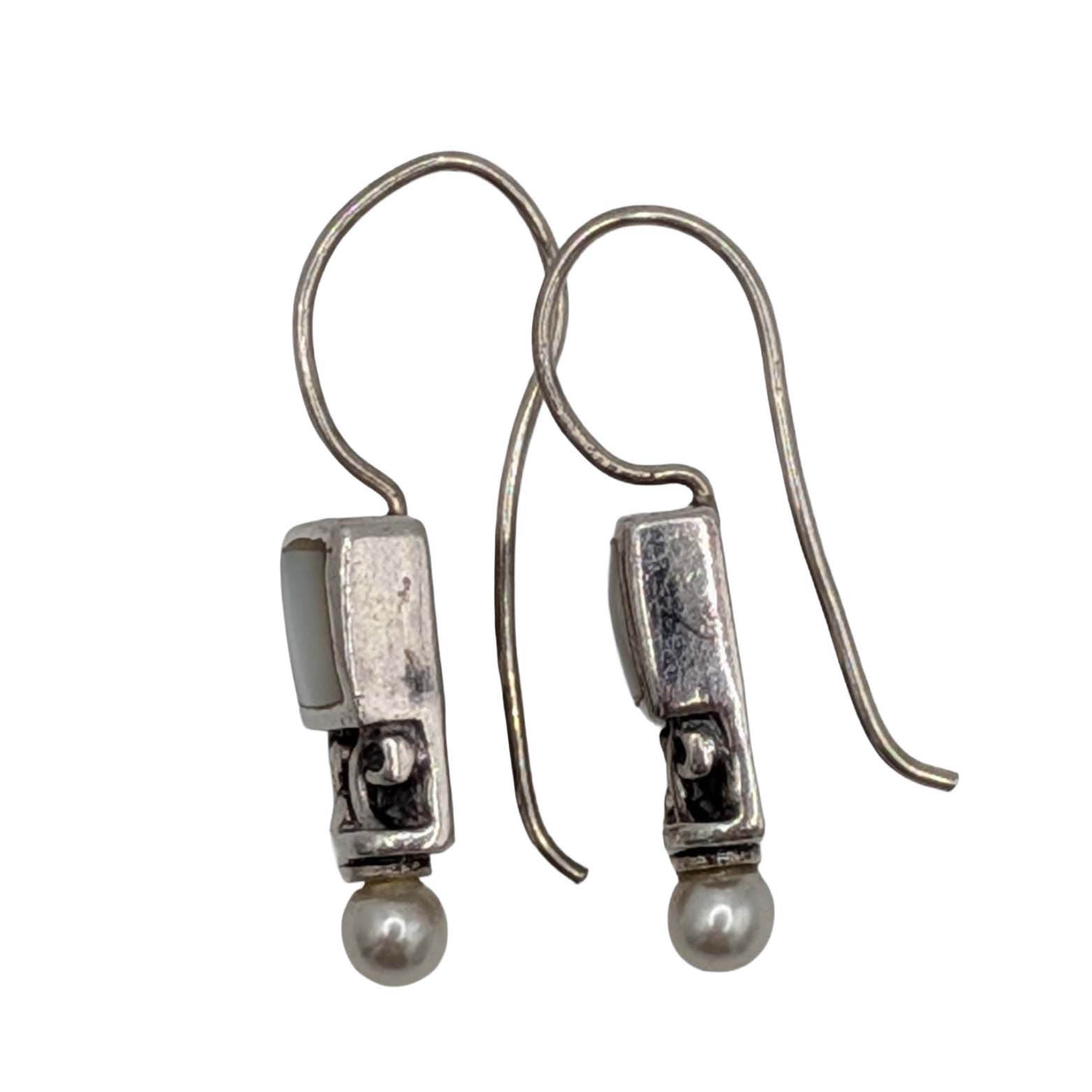 Signed Sterling Silver Milky Glass Square Faux Pearl Hook Earrings