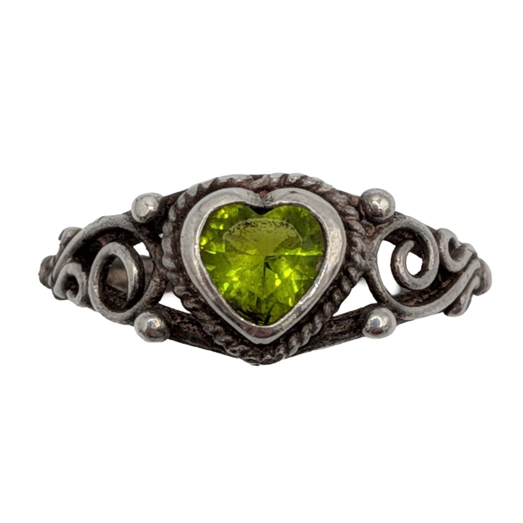 Signed Sterling Silver Green Rhinestone Heart Ring Sz. 4.25