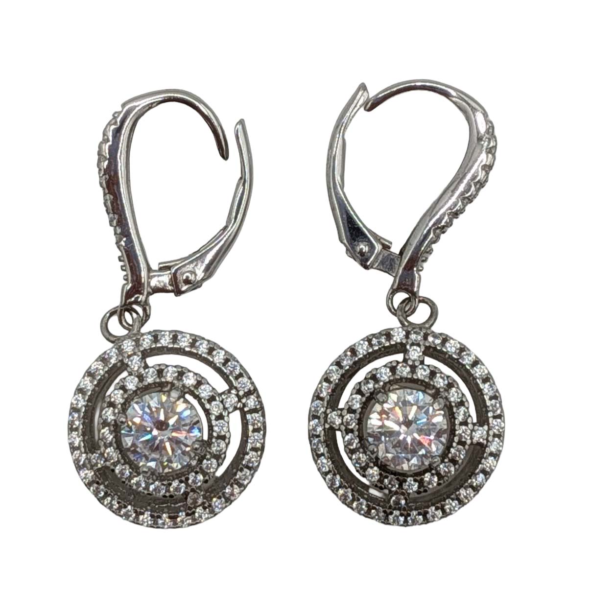 Signed Sterling Silver Rhinestones Double Circle Jacket Earrings
