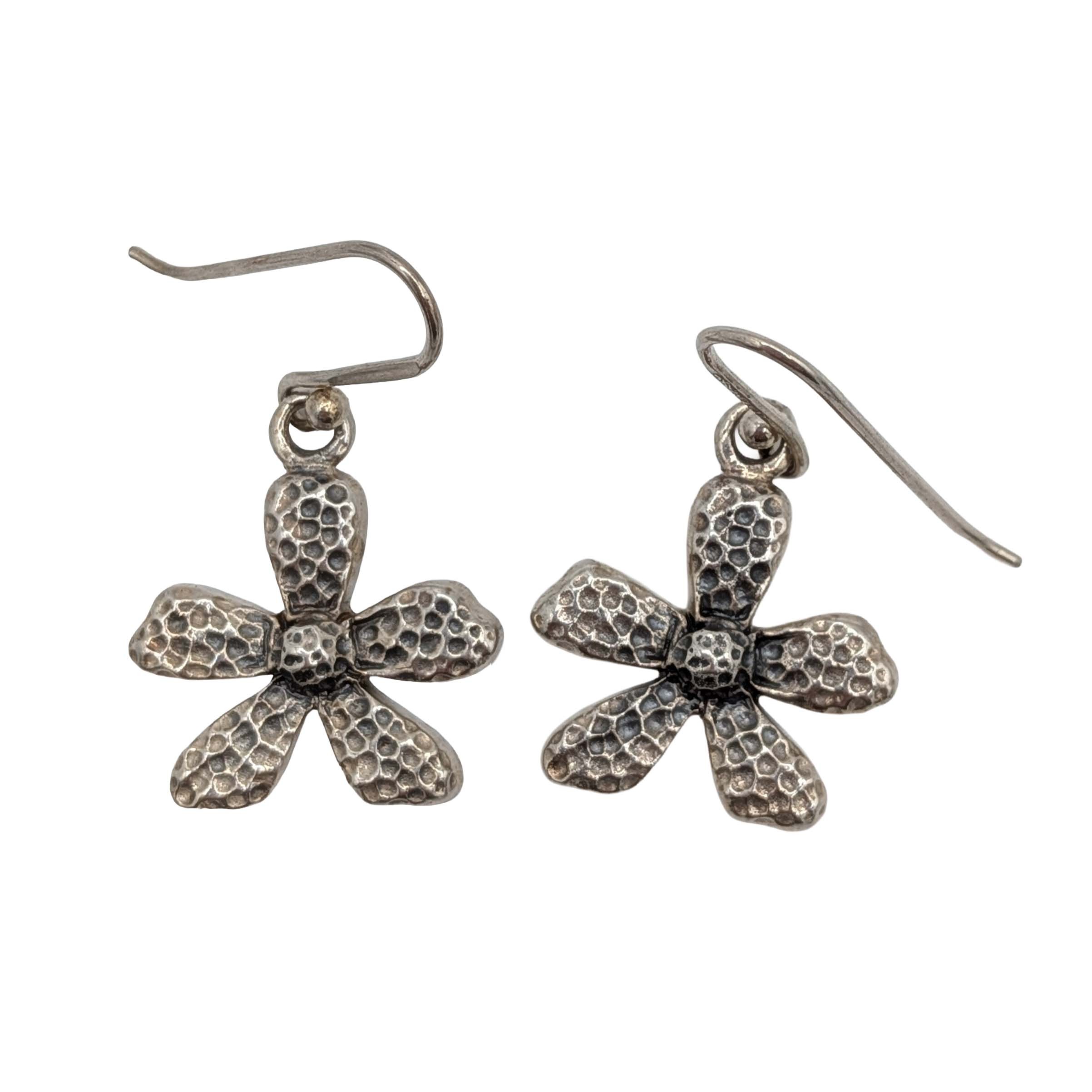 Signed Sterling Silver Textured Flower Hook Earrings