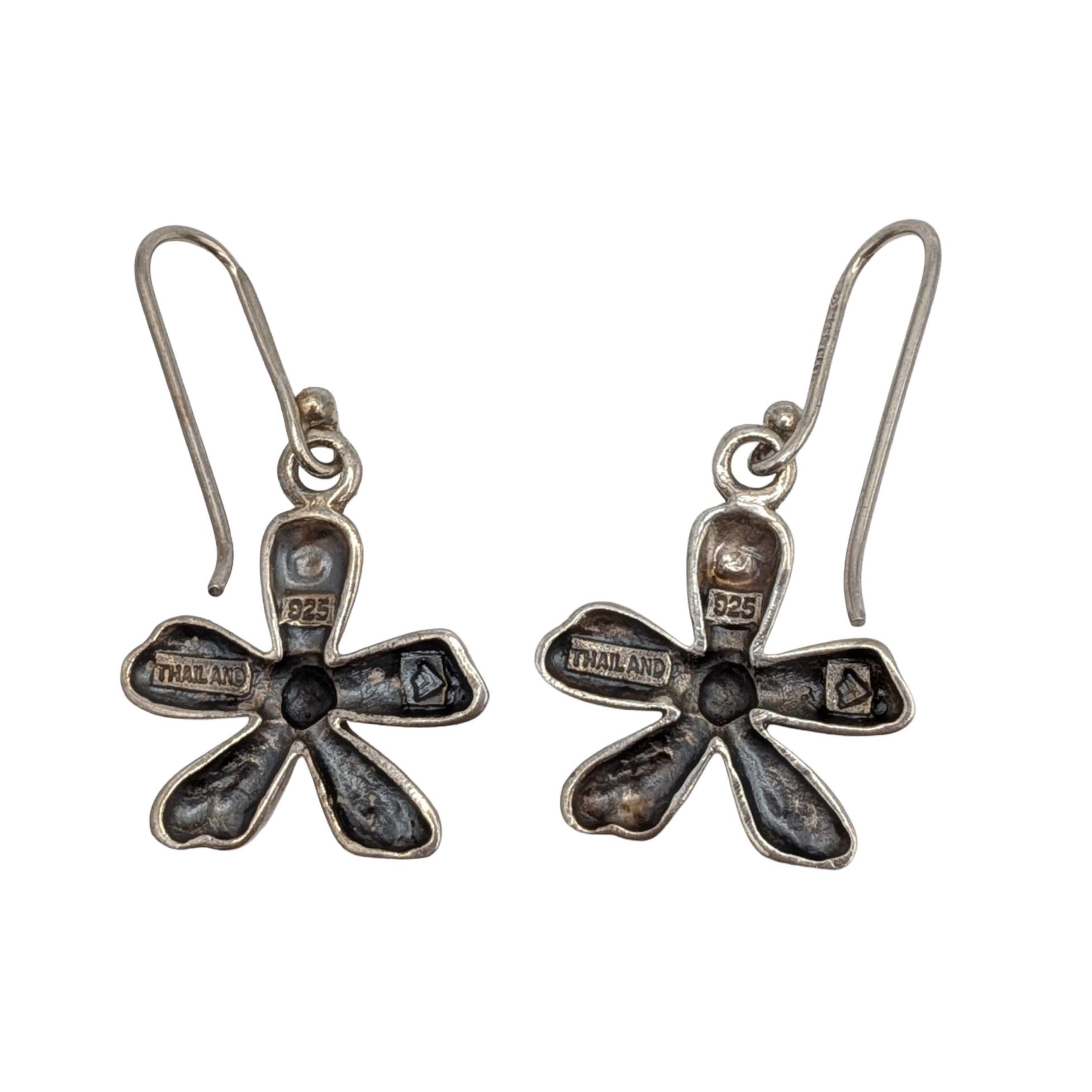 Signed Sterling Silver Textured Flower Hook Earrings