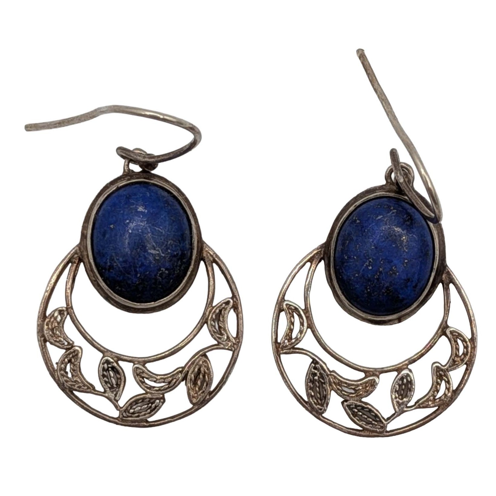 Signed Sterling Silver Oval Lapis Round Hook Earrings