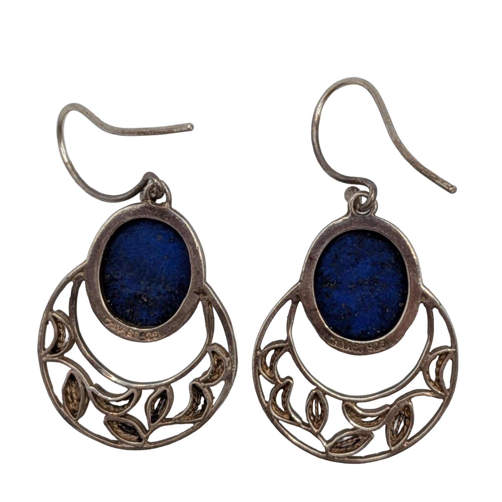 Signed Sterling Silver Oval Lapis Round Hook Earrings