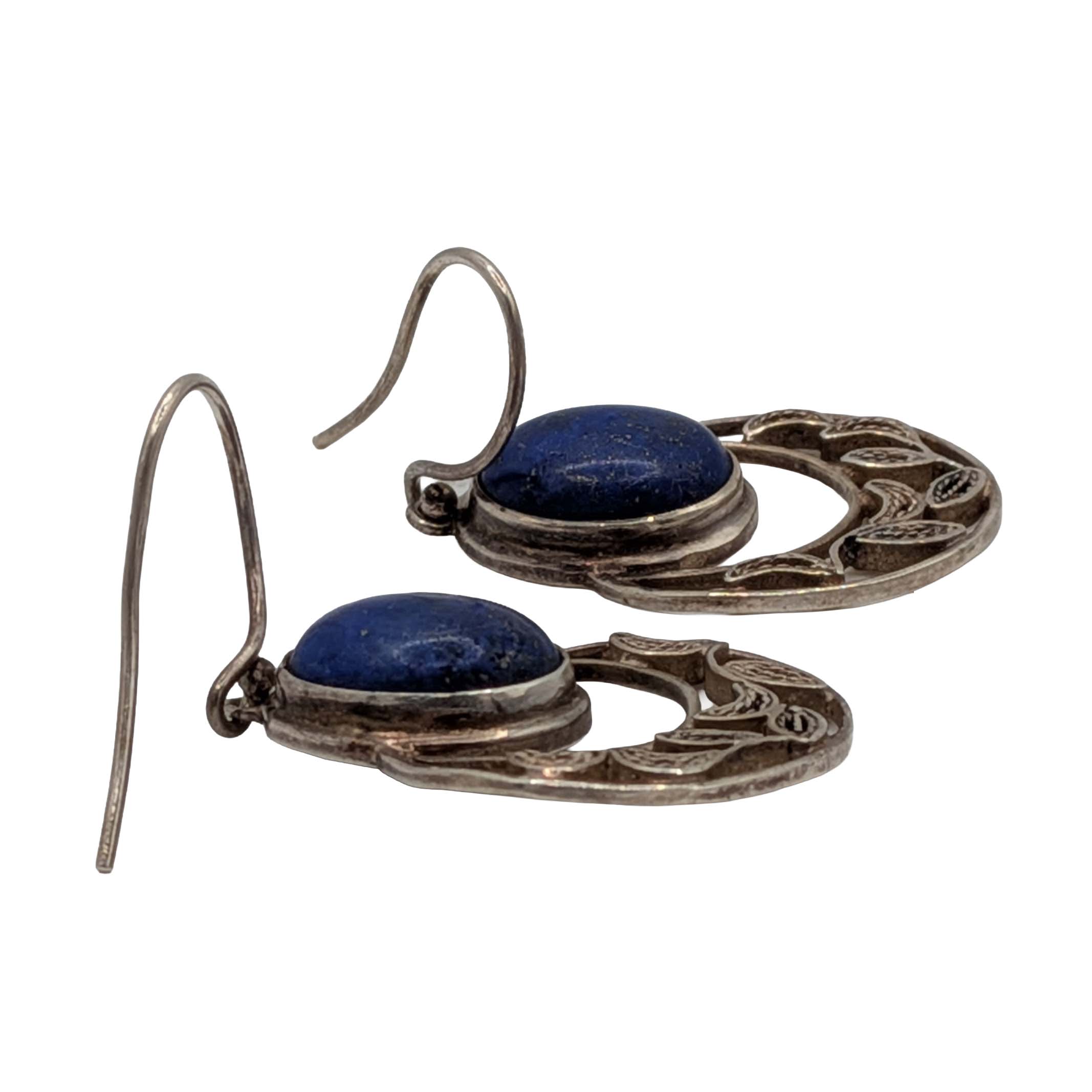 Signed Sterling Silver Oval Lapis Round Hook Earrings