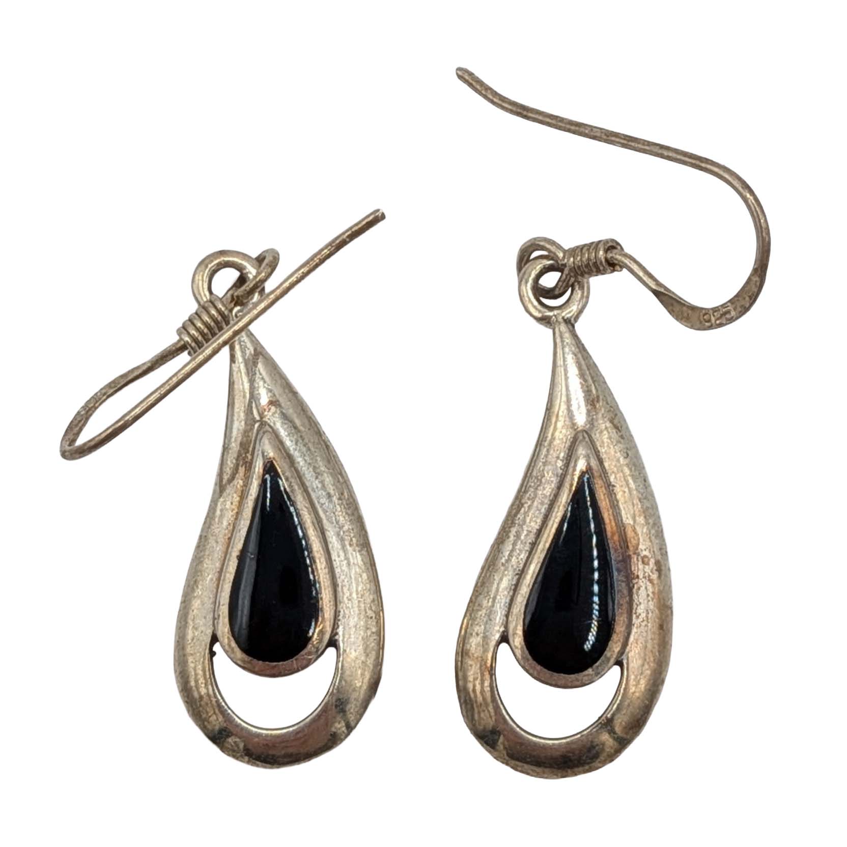 Signed Sterling Silver Black Onyx Teardrop Hook Earrings
