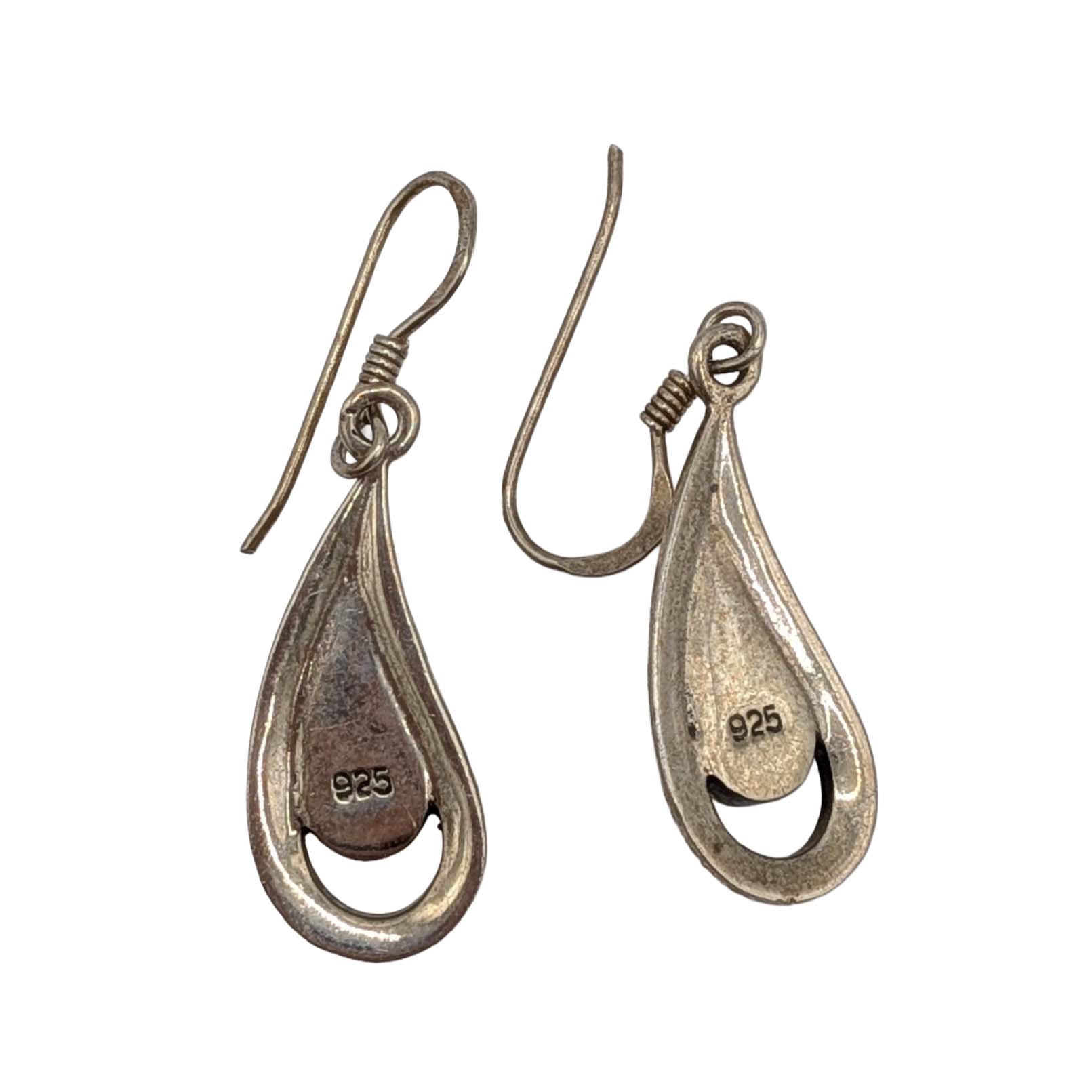 Signed Sterling Silver Black Onyx Teardrop Hook Earrings