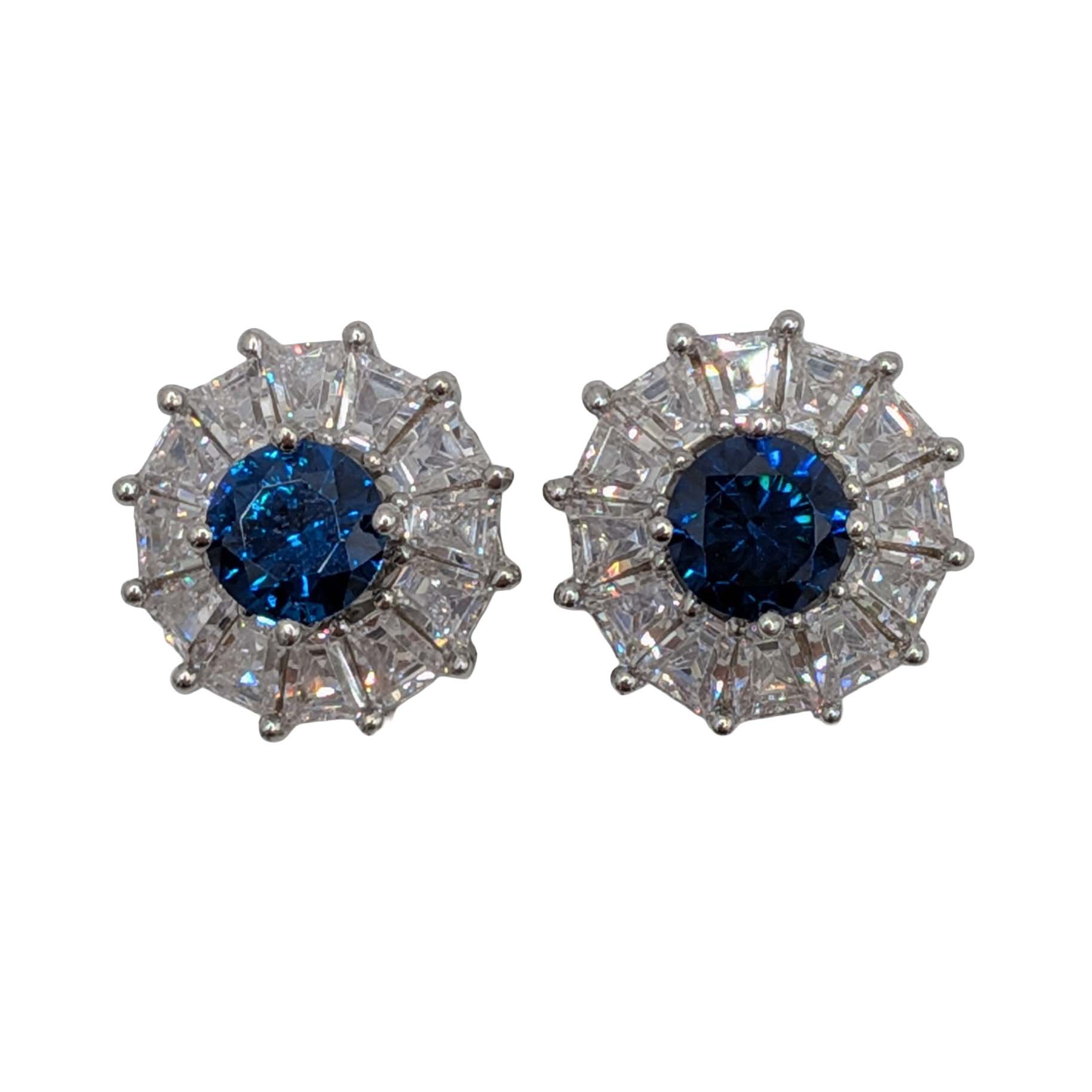 Signed Sterling Silver Blue Clear Rhinestone Stud Earrings