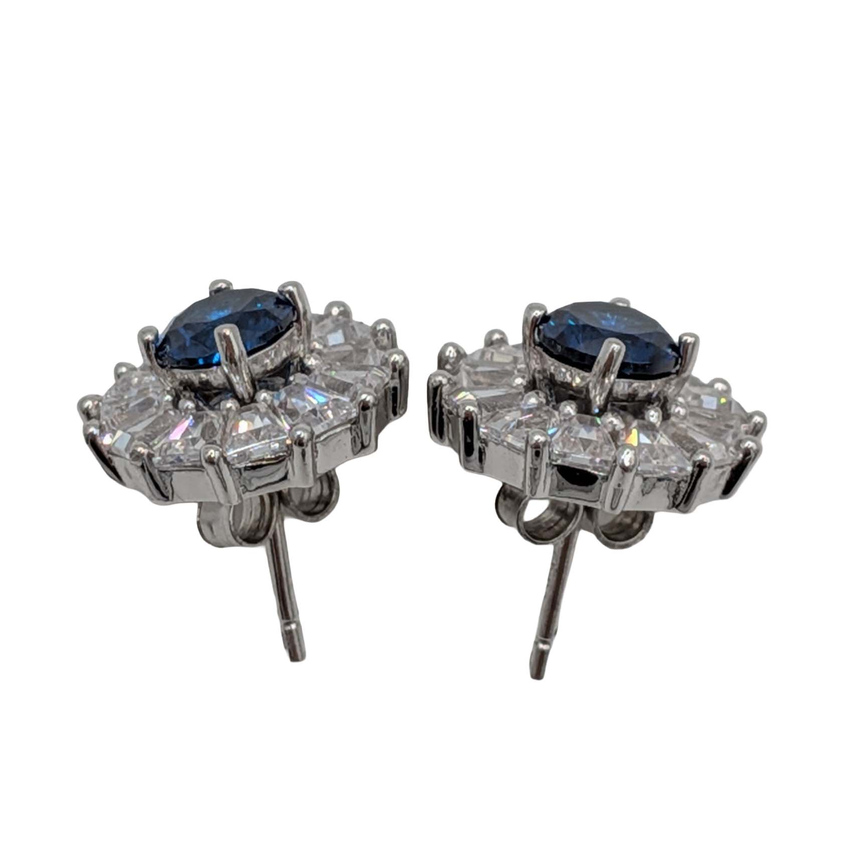 Signed Sterling Silver Blue Clear Rhinestone Stud Earrings