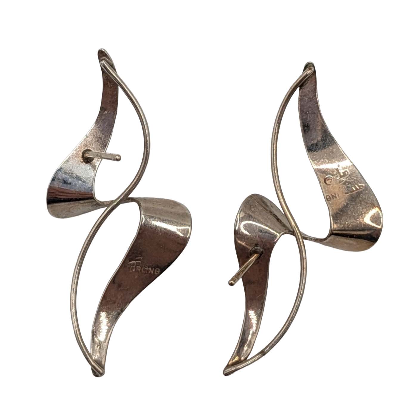 Signed Sterling Silver Twisted Ribbon Stud Earrings