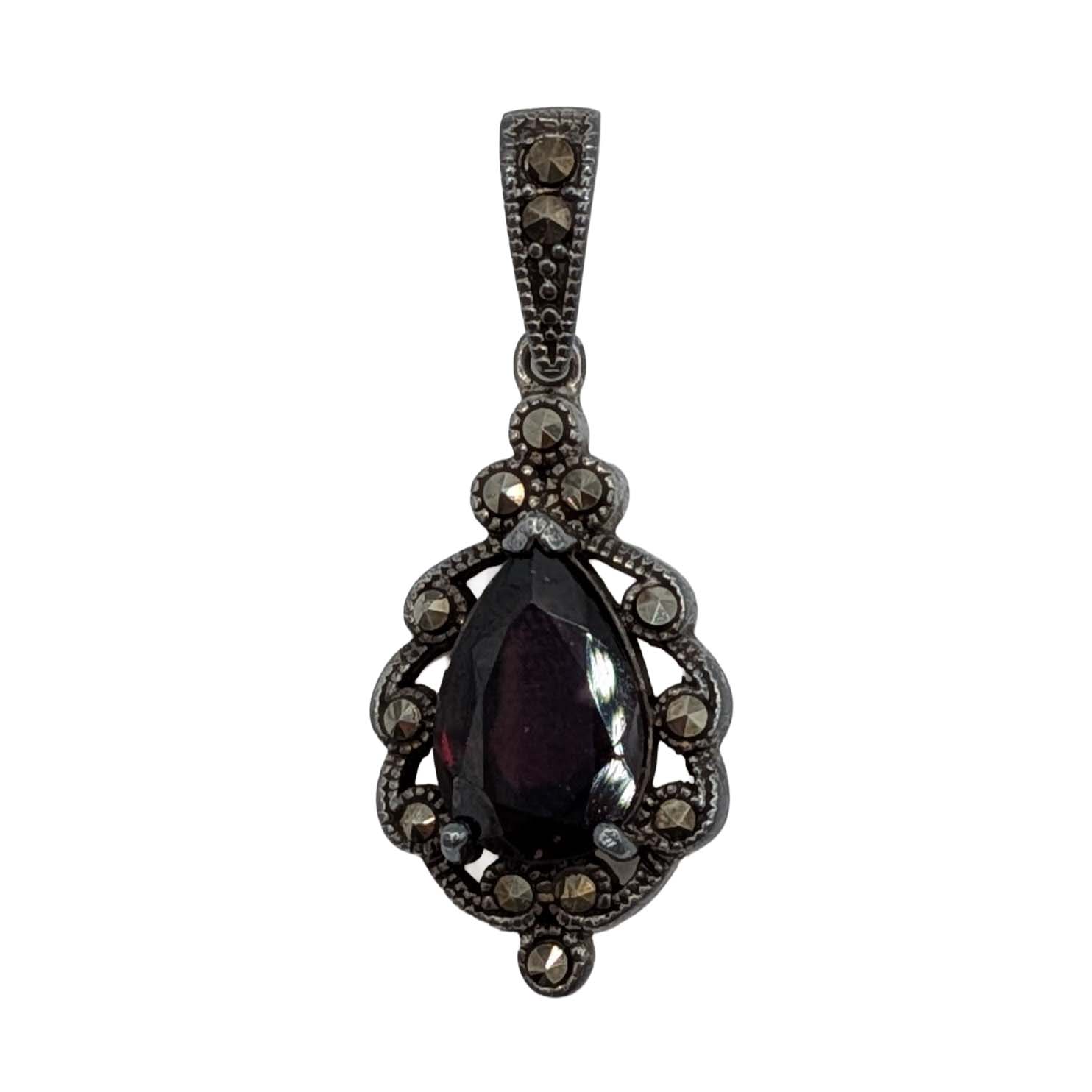 Signed Sterling Silver Garnet Teardrop Marcasite Pendant