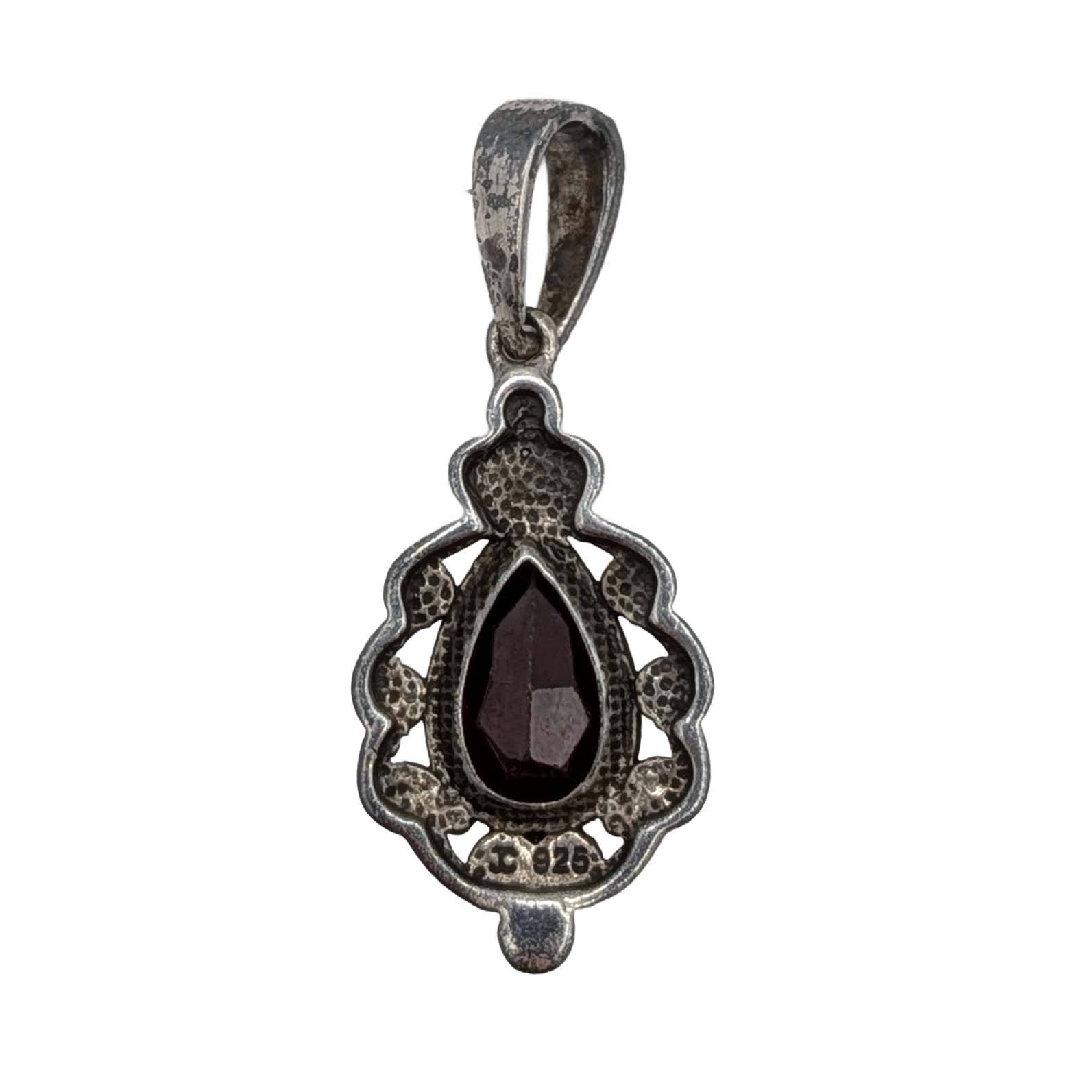 Signed Sterling Silver Garnet Teardrop Marcasite Pendant