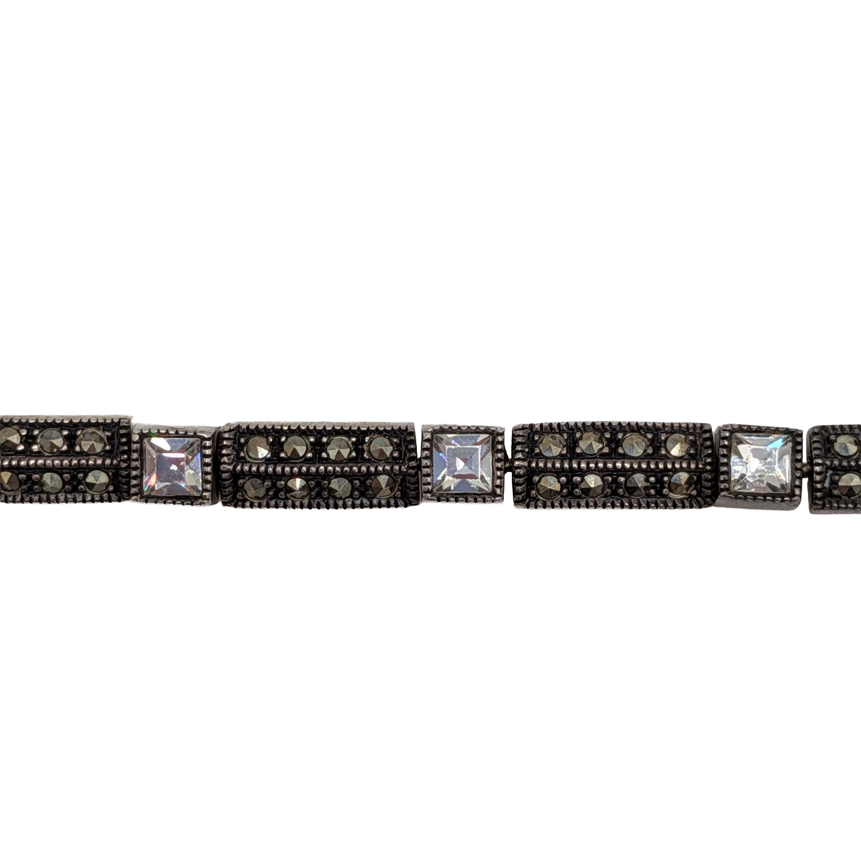 Signed Sterling Silver Rhinestone Marcasite Link Bracelet