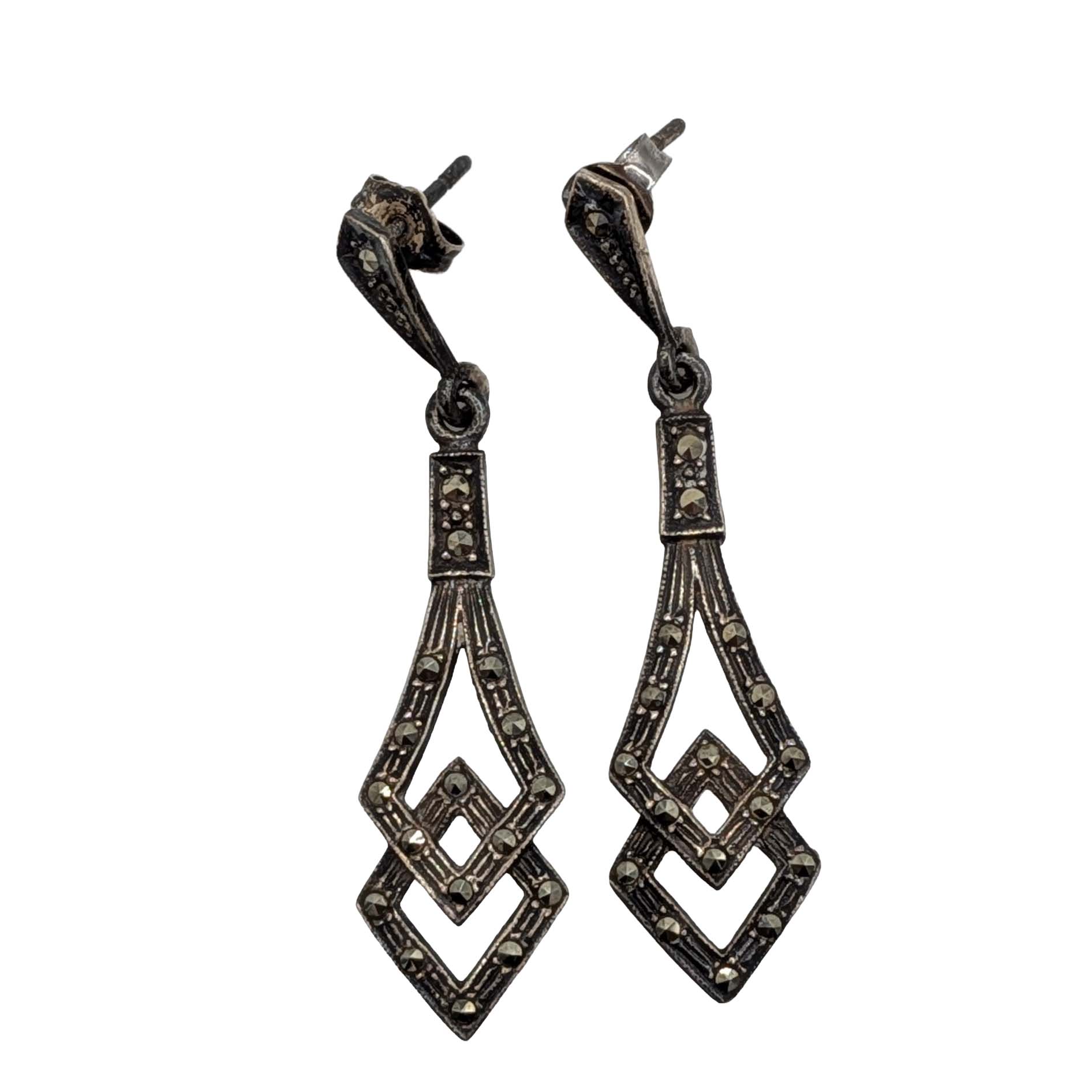 Signed Sterling Silver Marcasite Double Triangle Drop Earrings
