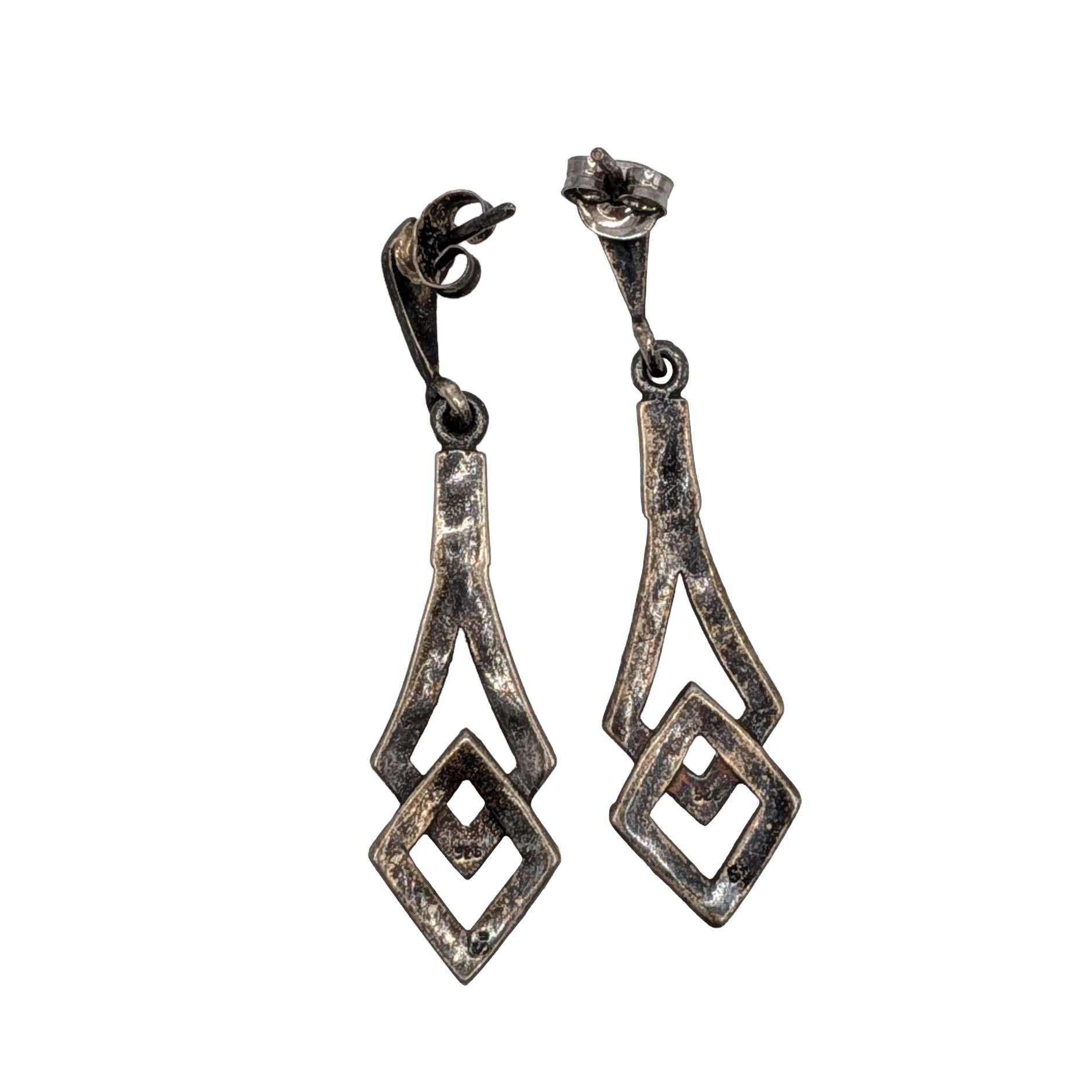 Signed Sterling Silver Marcasite Double Triangle Drop Earrings